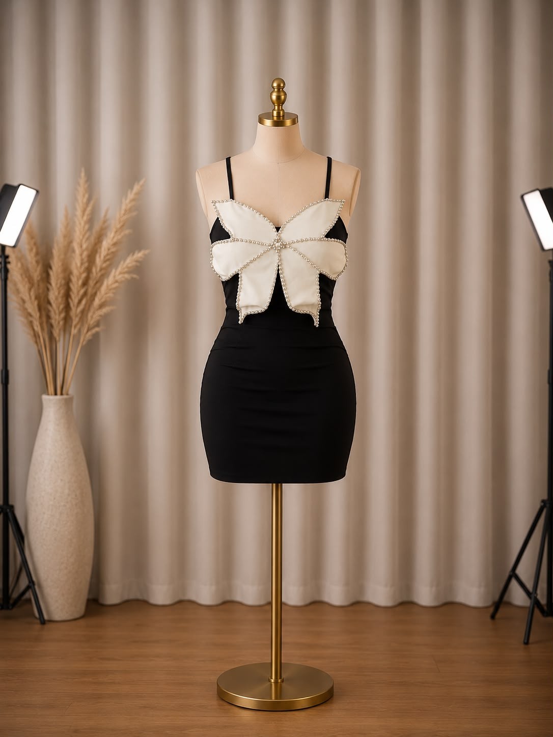 Women’s Black Bodycon Mini Dress Spaghetti Strap Pearl Bow Cocktail Party
