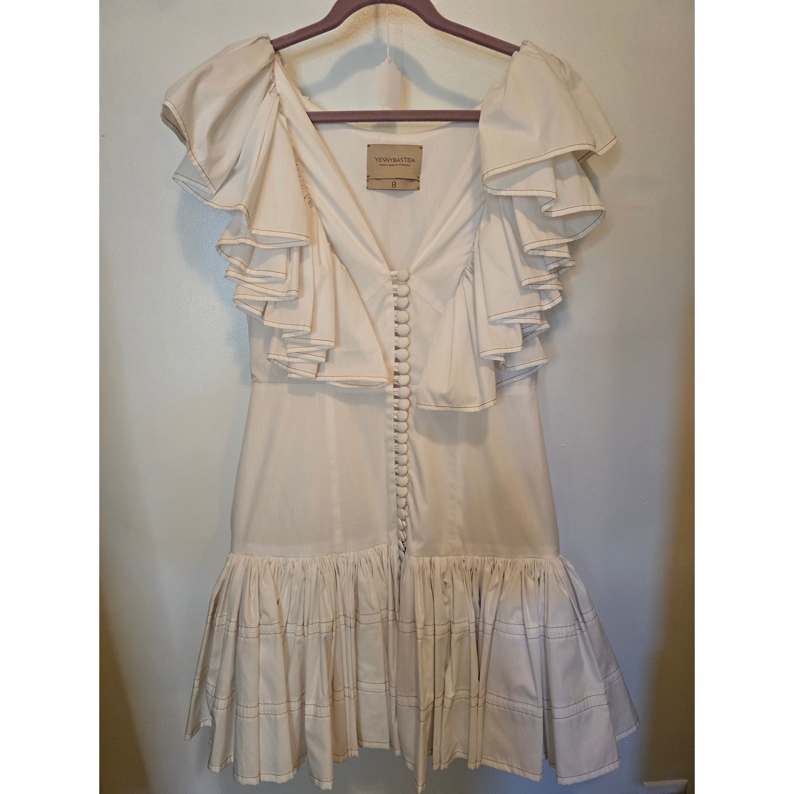 Yenny Bastida White Ruffle Sleeve Button Front Mini Dress Size 8 Handcrafted