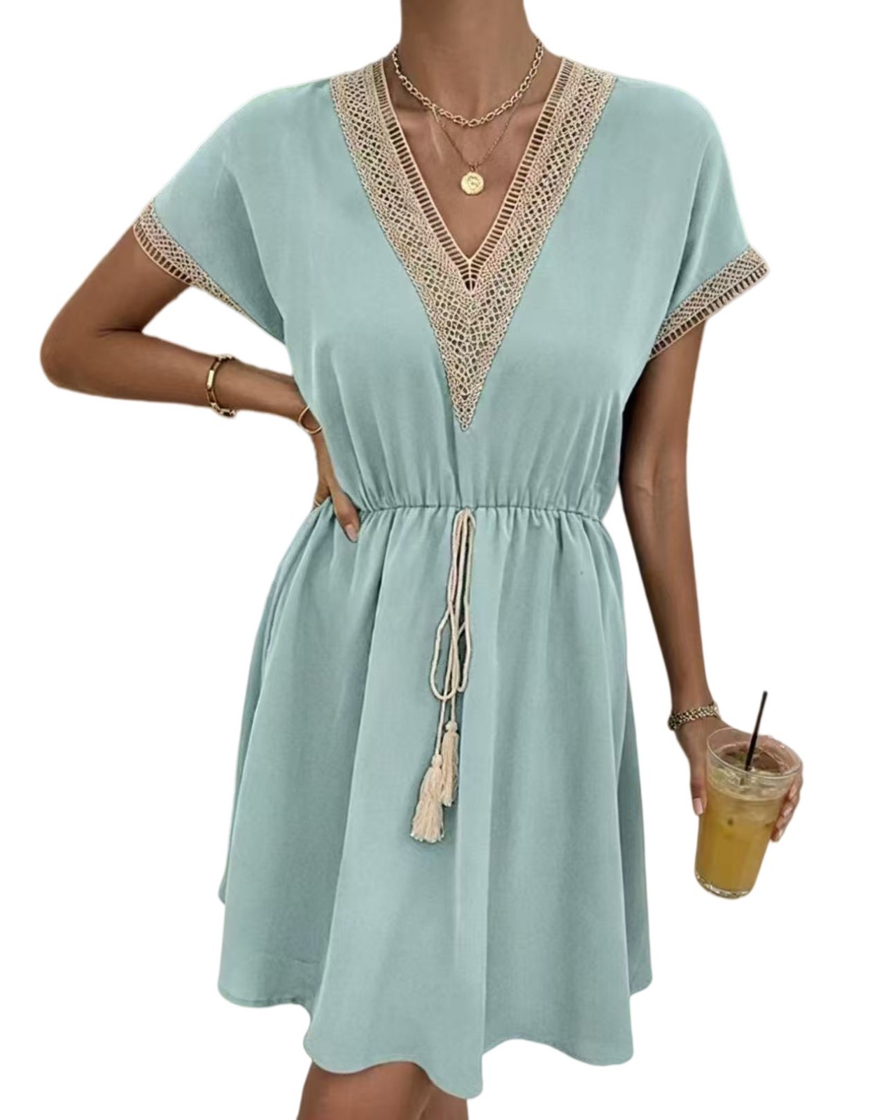 V Neck Lace Summer DRESS SOLID Short Sleeve SWEET A Line Party Sundress S-3XL