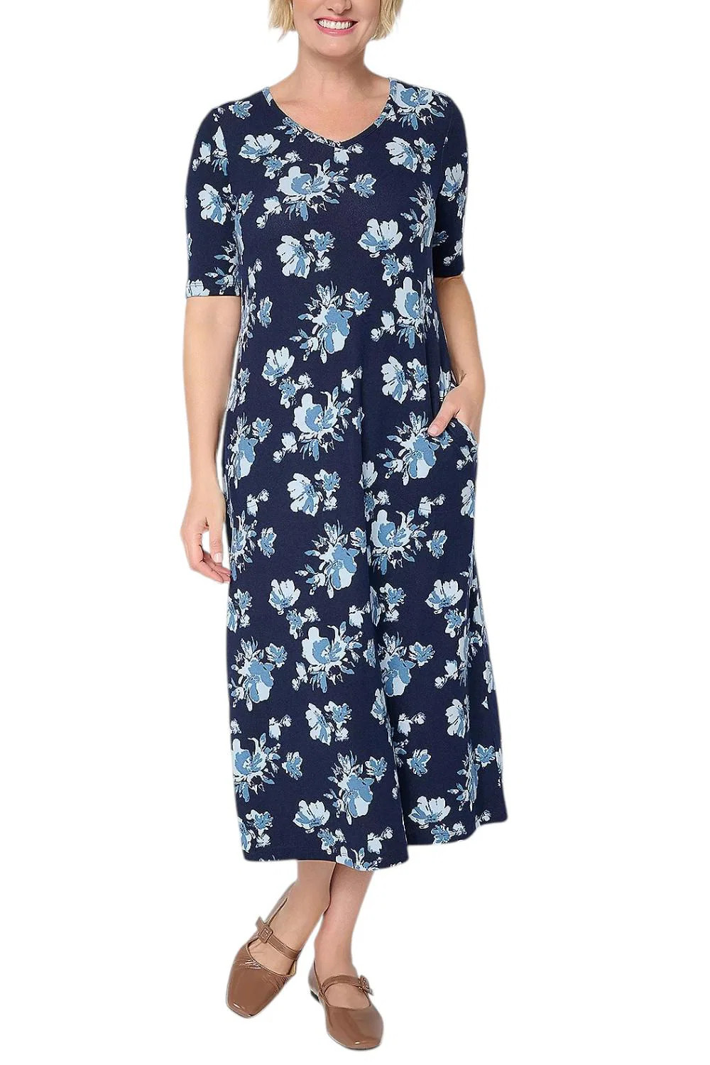 Denim & Co. Women’s Heavenly Jersey Elbow Sleeve Midi Dress NvyFloral