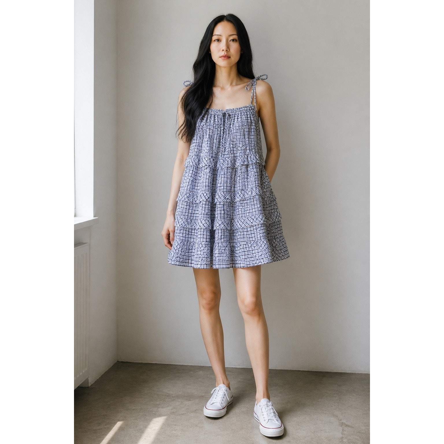 Cotton Emporium Gingham Tiered Ruffle Midi Dress Blue White Tie Strap Large