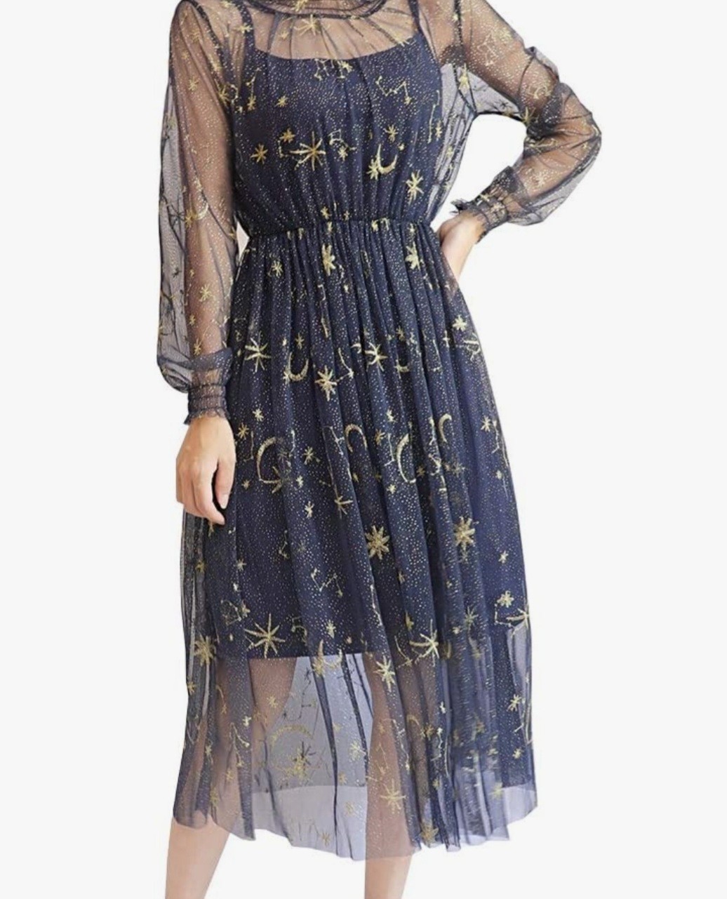 Stars – Moon – Celestial – Magical – Chiffon Dress – Blue – Embroidered – NEW