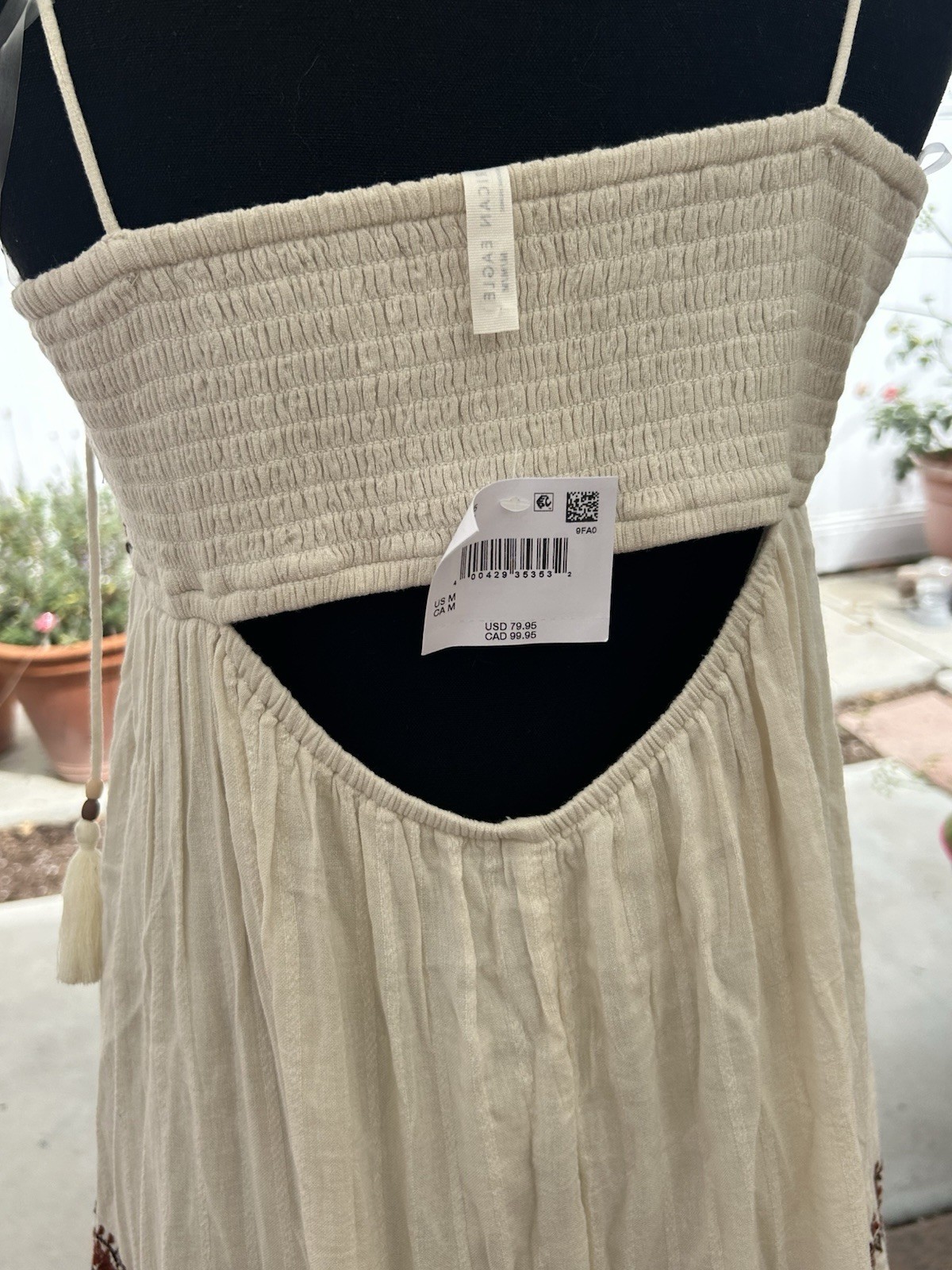 NWT American Eagle Ivory Embroidered Smocked Tie Strap Maxi Dress Cotton M