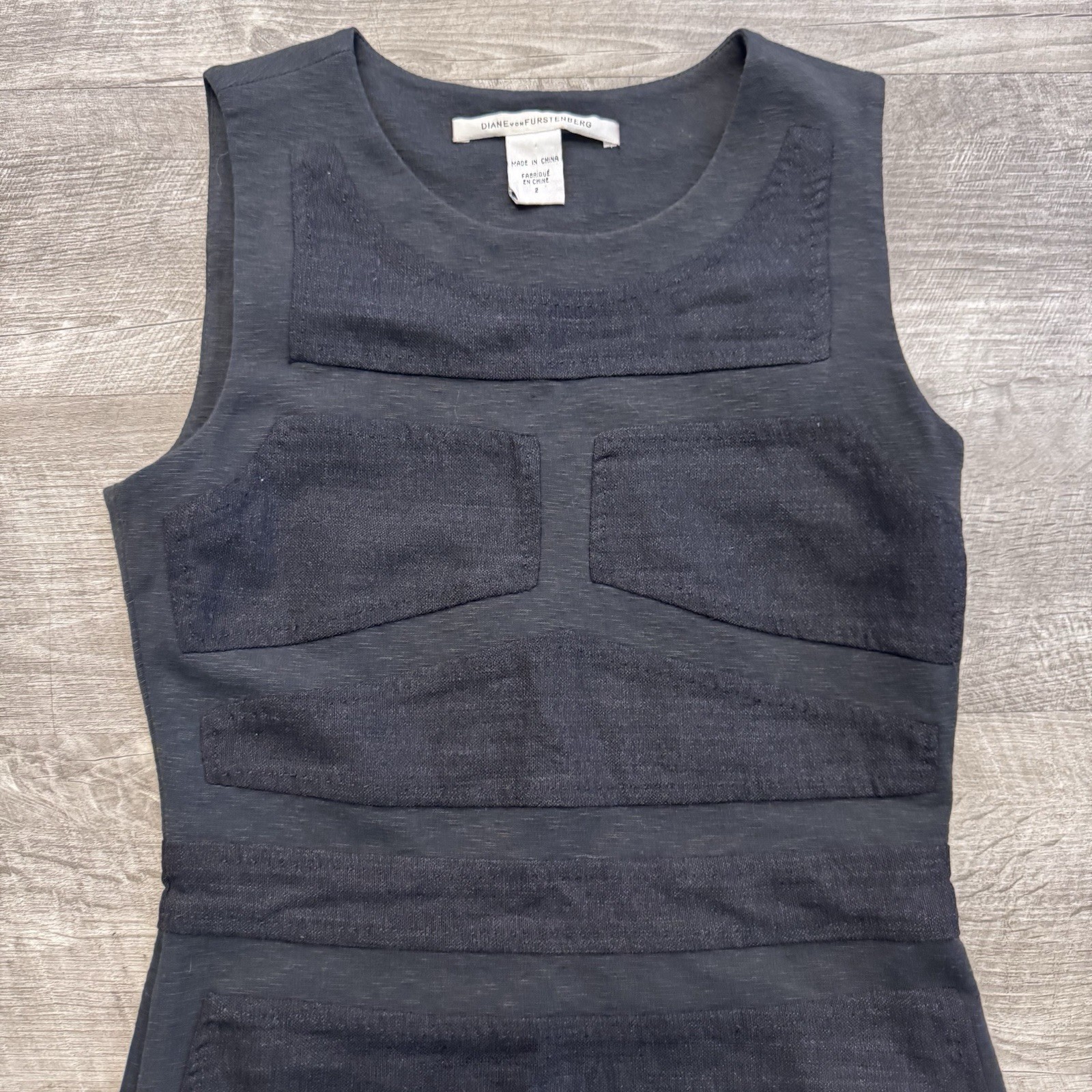 Diane Von Furstenberg Dark Gray Slub Knit Wool Blend Panel Sleeveless Dress Sz.2