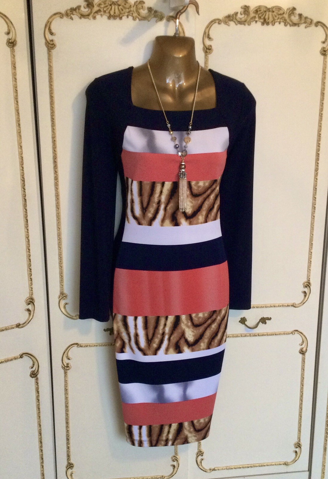 PICADILLY UK 10 / 12 Designer Navy / Coral / Multi Print Dress NWT RRP £159