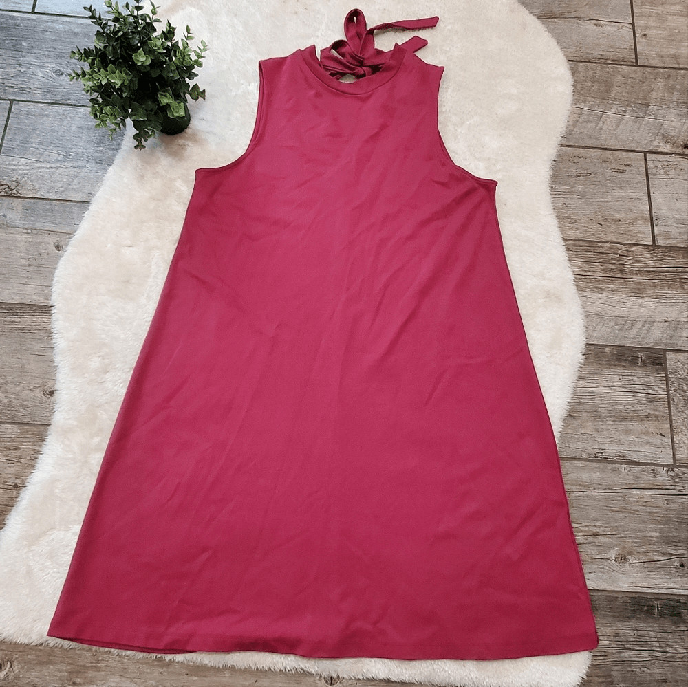 Halogen Berry Pink Mock Turtleneck Sleeveless Dress with Bow Tie, X-Large