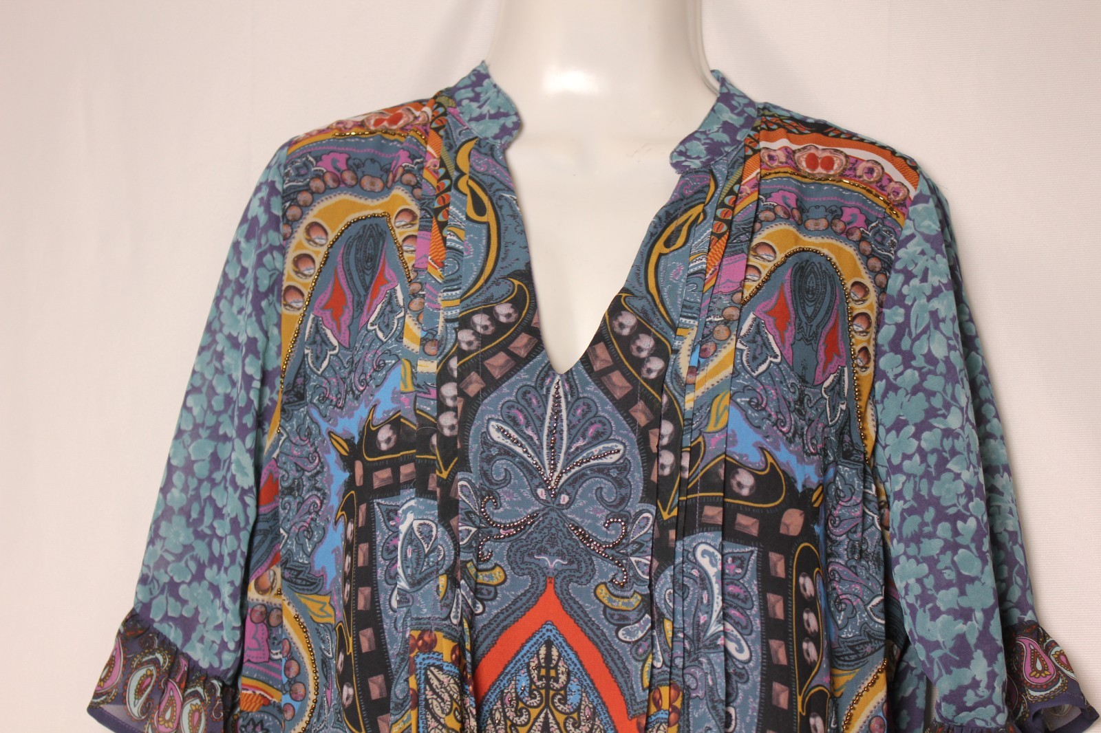 NIZA Spain Blue Paisley Shift Dress Beaded Bohemian Ruffle Sleeve Tunic Size 10