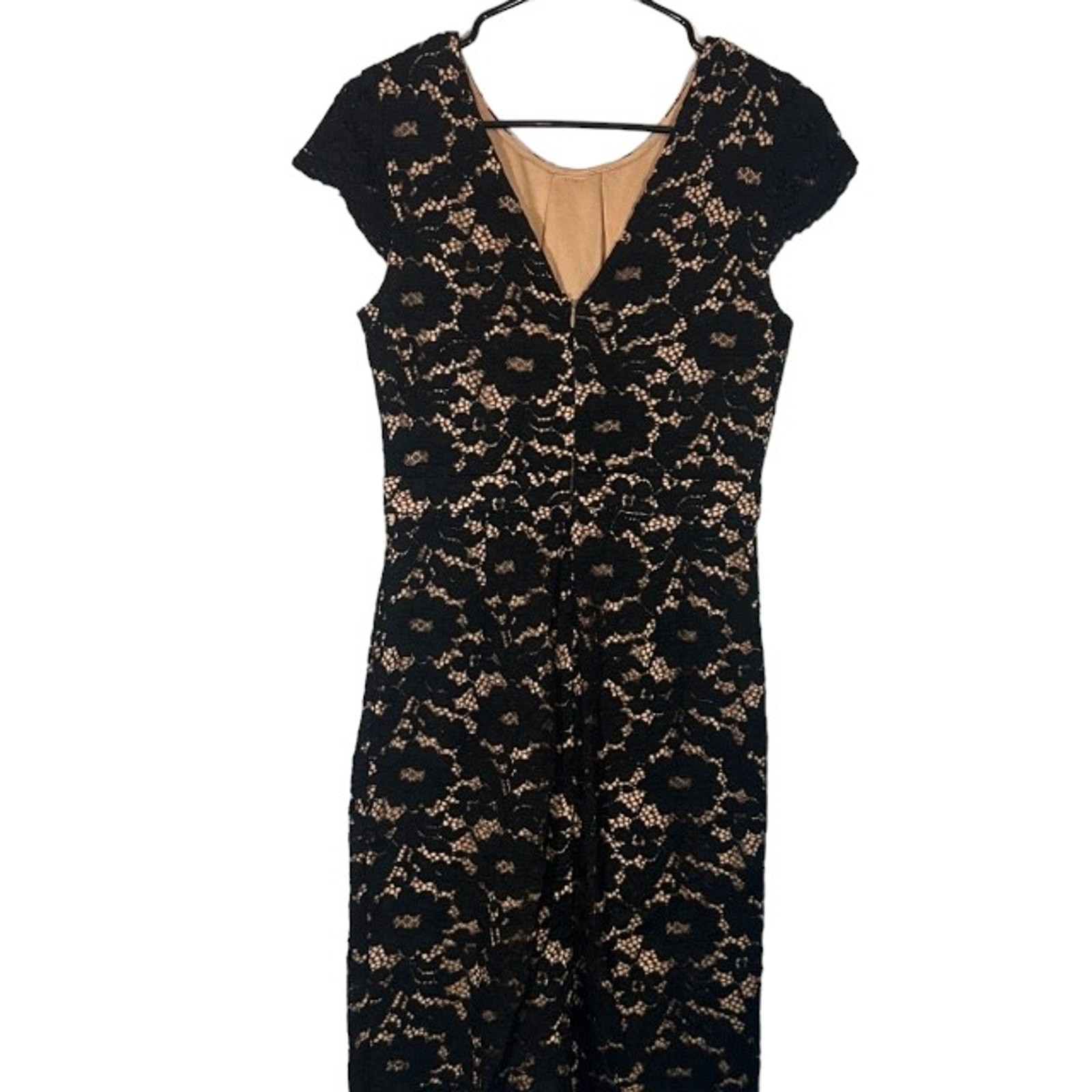 Esley Black & Cream Lace Overlay Short Capped Sleeve Bodycon Dress Women Sz S