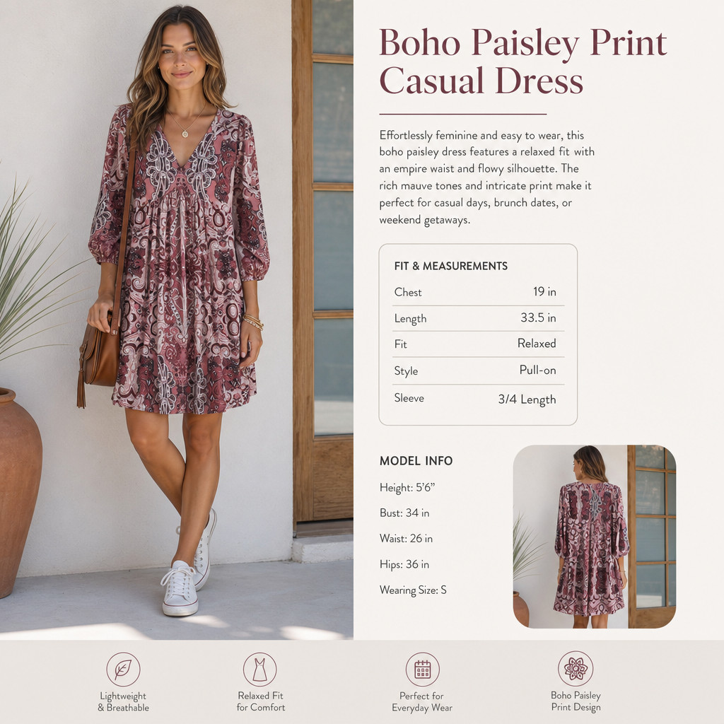 Jane & Delancey Boho Paisley Rayon Dress Small Pink Maroon V‑Neck 3/4 Sleeve