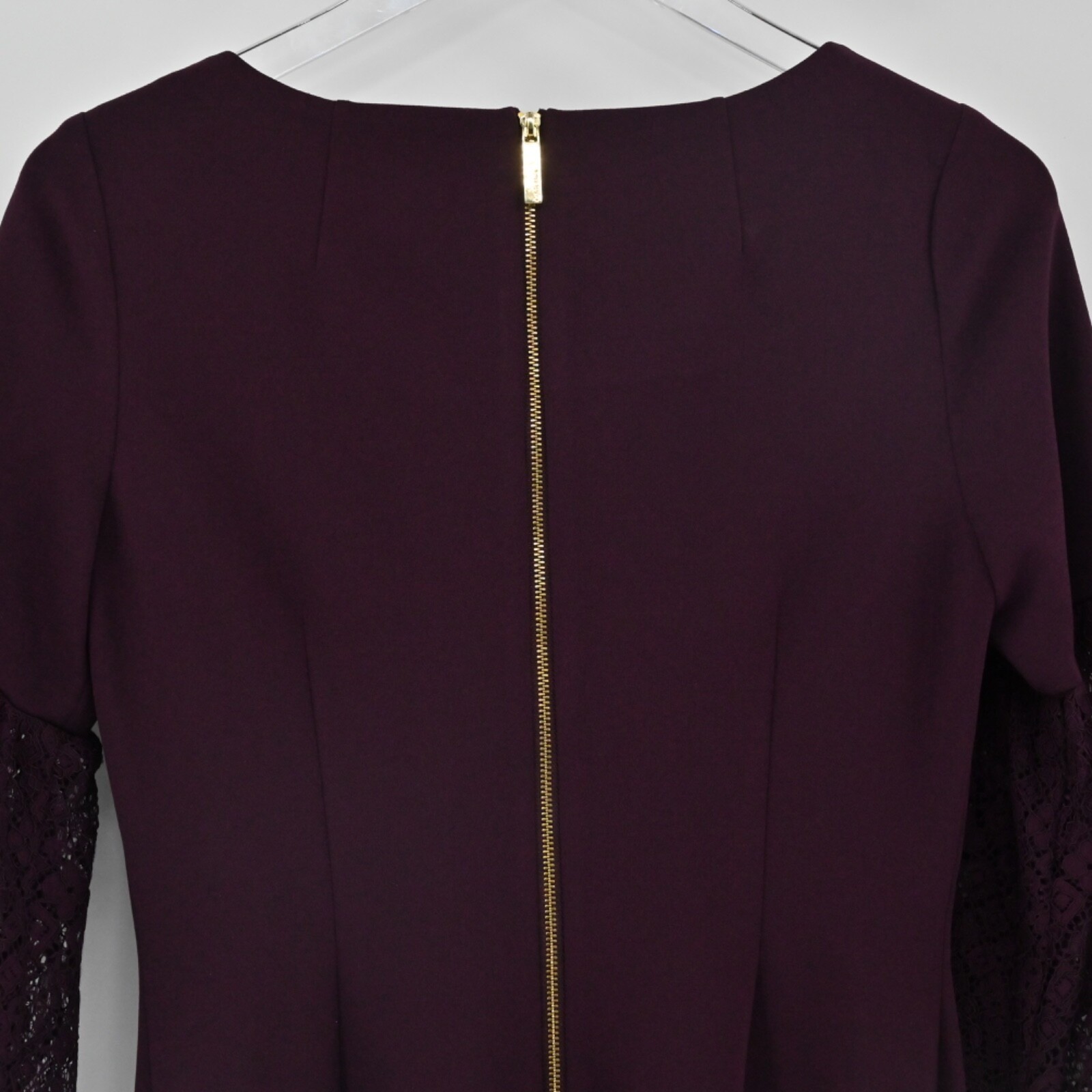 Calvin Klein Burgundy Sheath Dress Size 4 Lace Bell Sleeve Sheath Moody Romantic