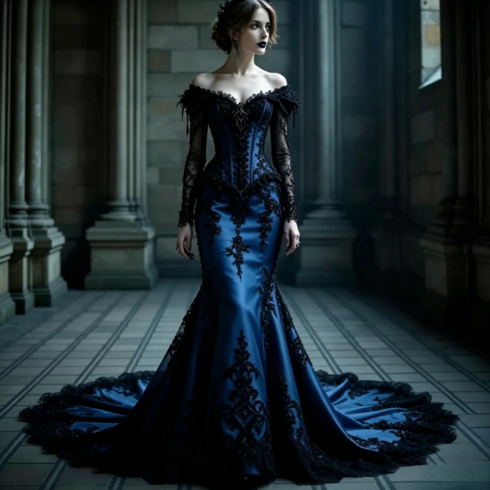 Gothic Blue Mermaid Evening Dresses Black Lace Long Sleeves Victorian Prom Gowns