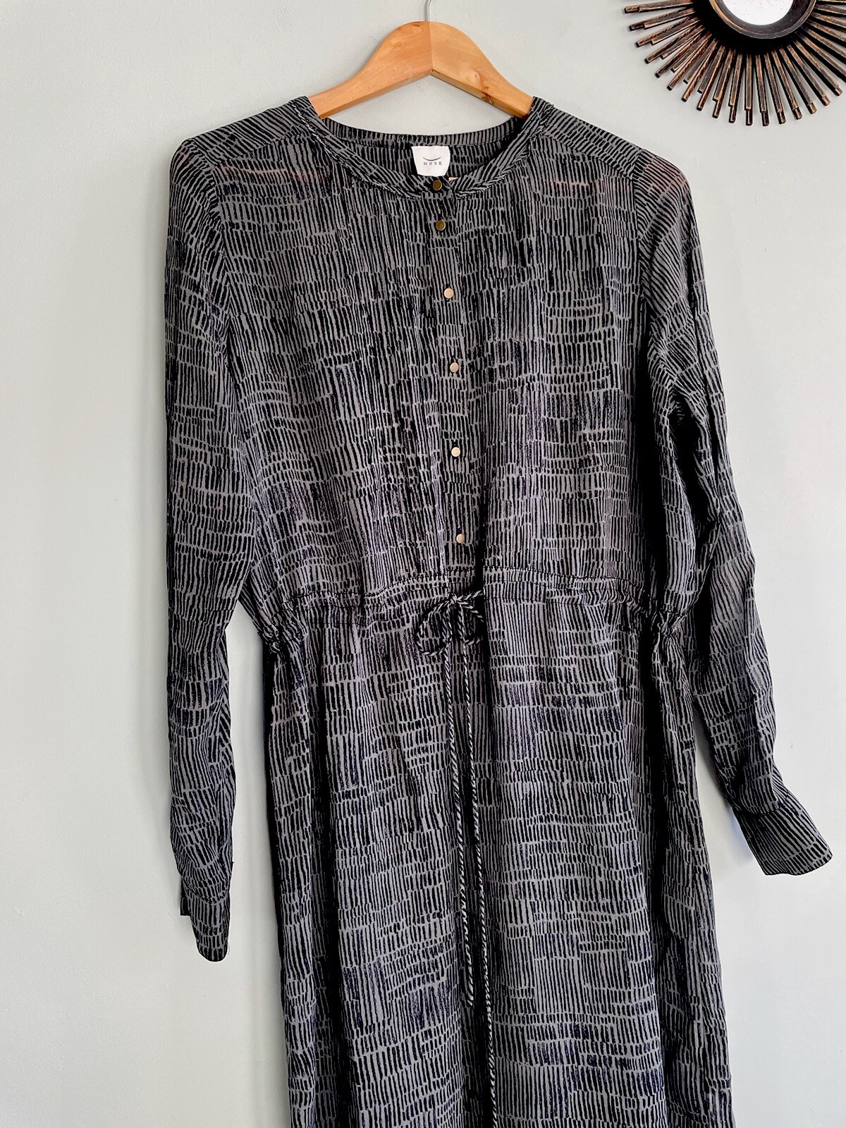 HUSK Australia Grey/ Green Pattern Layering Shirt Dress Drawstring Fits Uk 12
