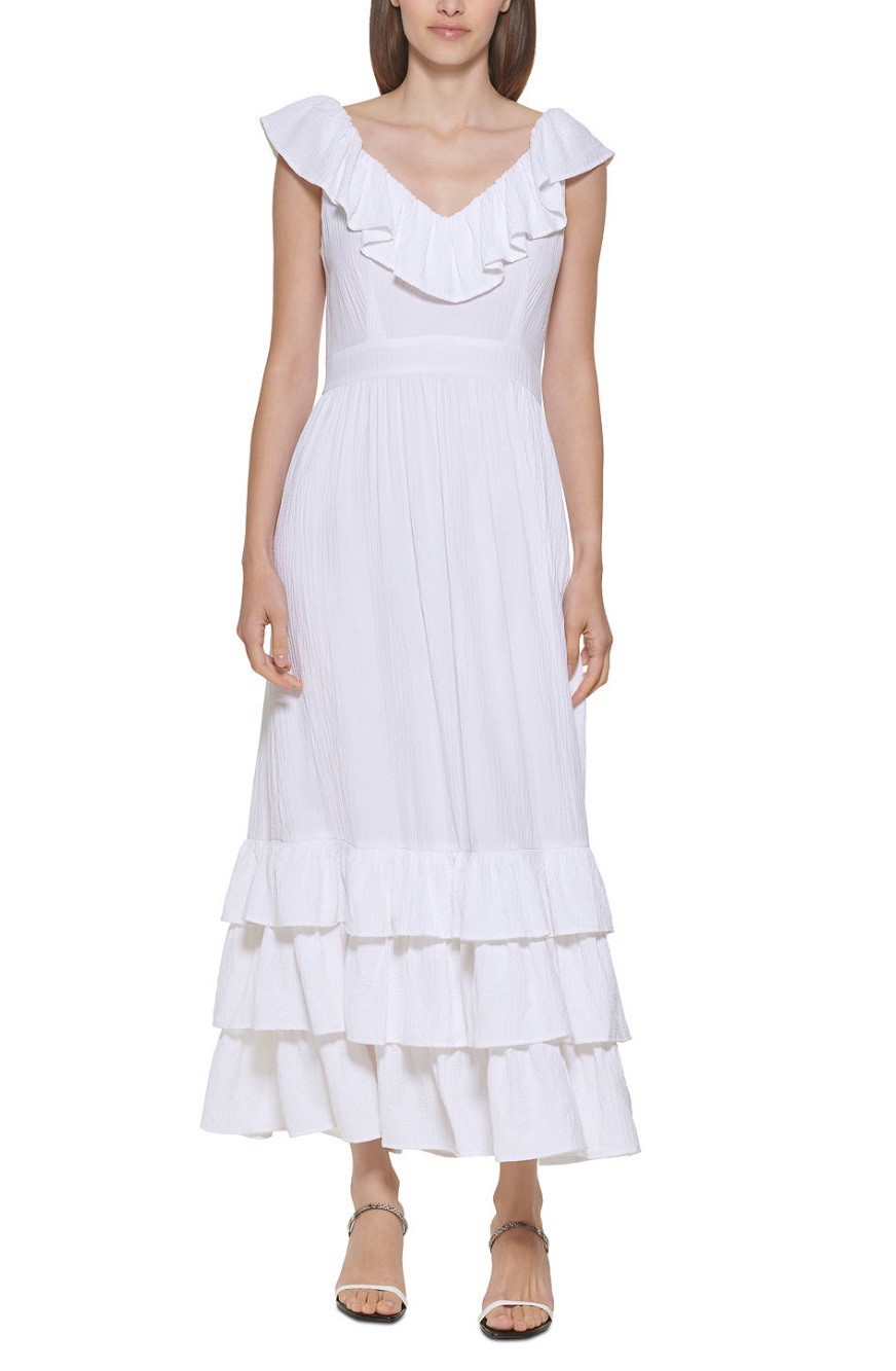🔥 $139 CALVIN KLEIN Women’s Ruffled Maxi Dress Size 2 White 🔥