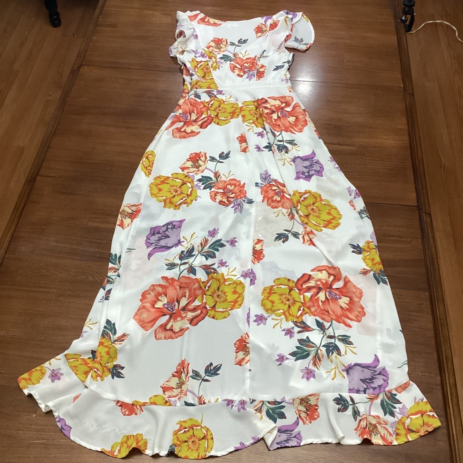 June & Hudson Floral High-Low Maxi Dress Flutter Sleeve V-Neck Small Romantic