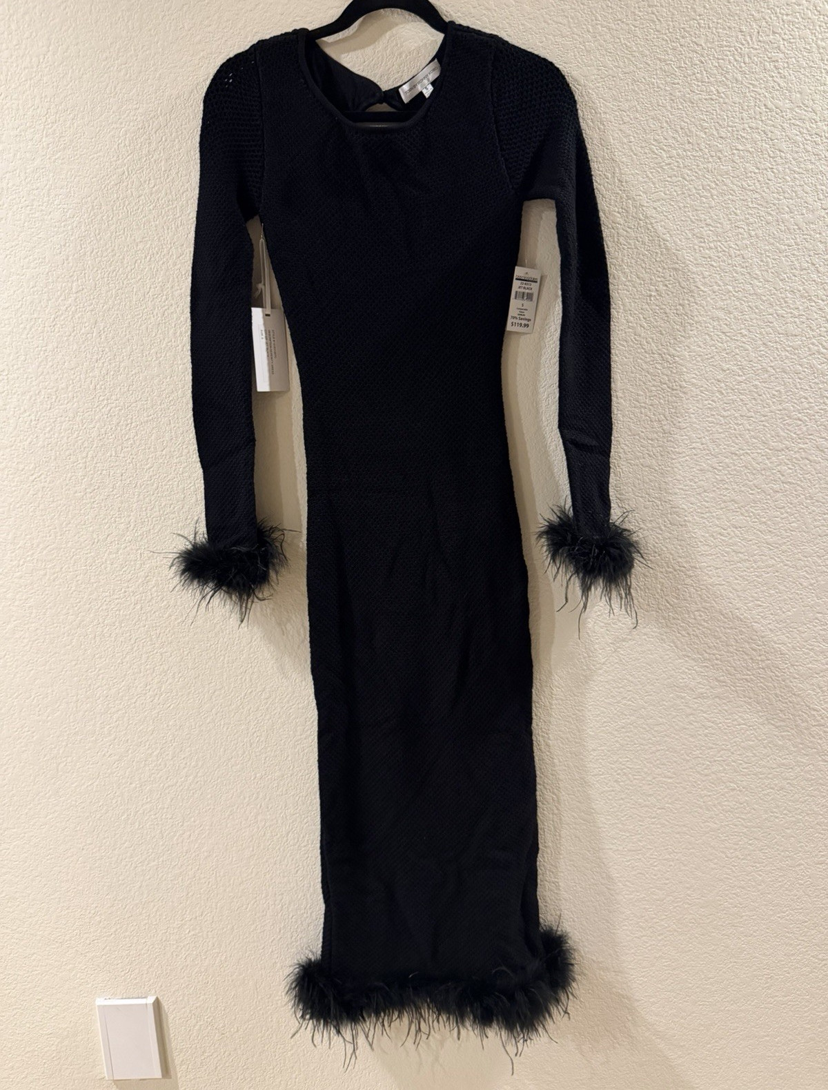 NWT Torn by Ronny Kobo Black Bodycon Long Dress Knit Open Back Feather Trim S