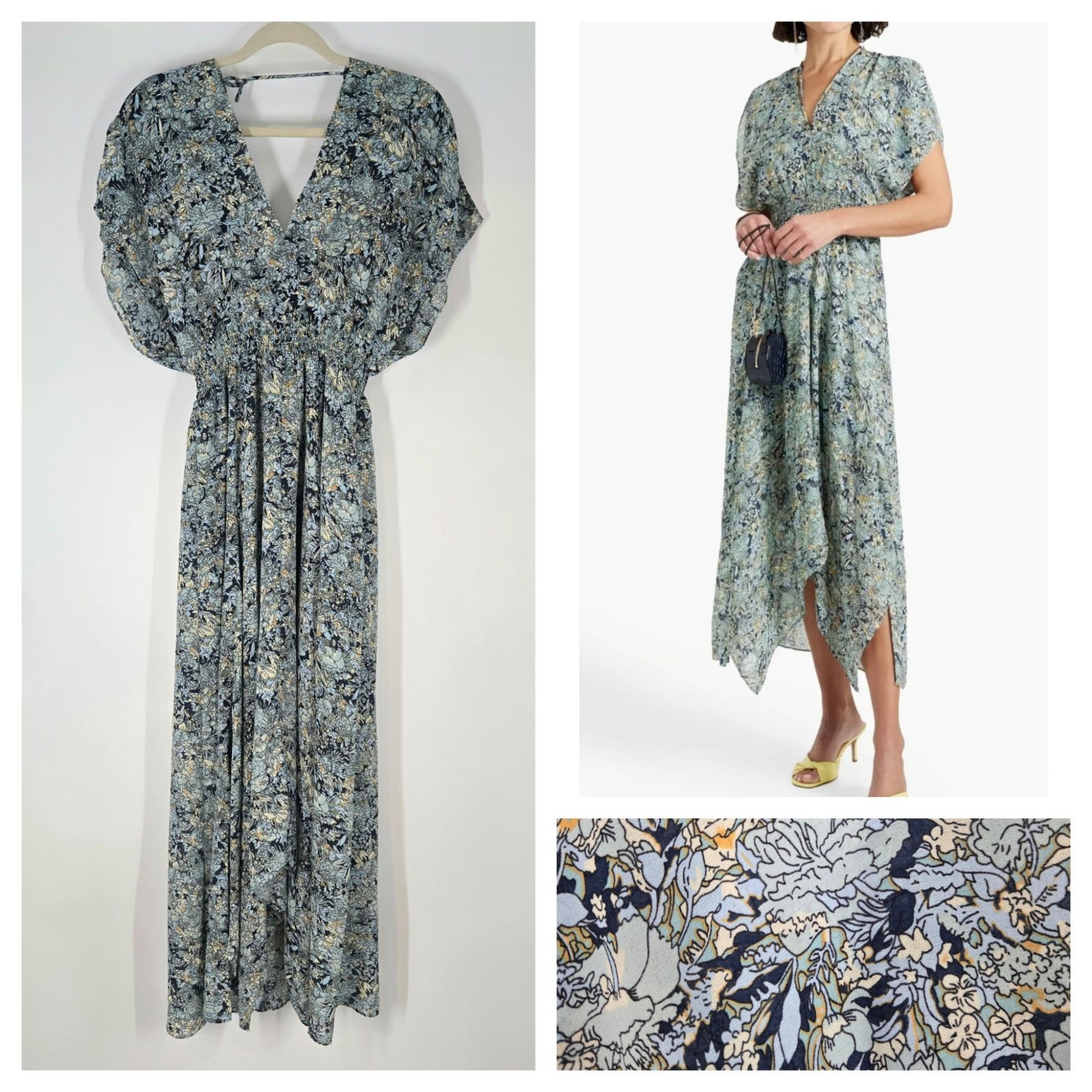 Maje Rachelli Blue Floral Crepe Midi Dress Women’s Size EU 38 US Medium FLAWED