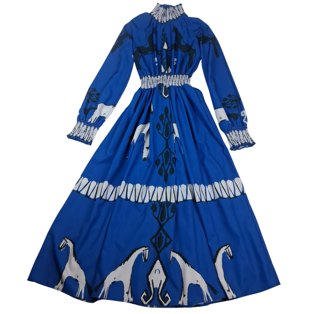 Sunday Up Horse Print Smocked Maxi Dress Size M Blue Equestrian Boho Mock Neck
