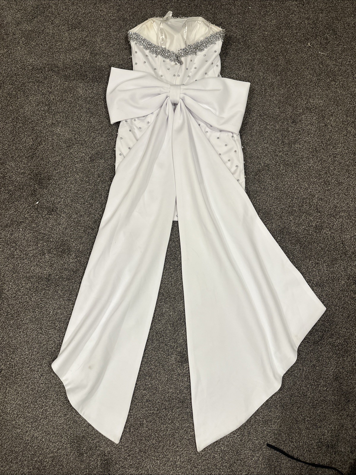White Silver Strapless Bedazzled Homecoming Dress with Beautiful Bow In the back