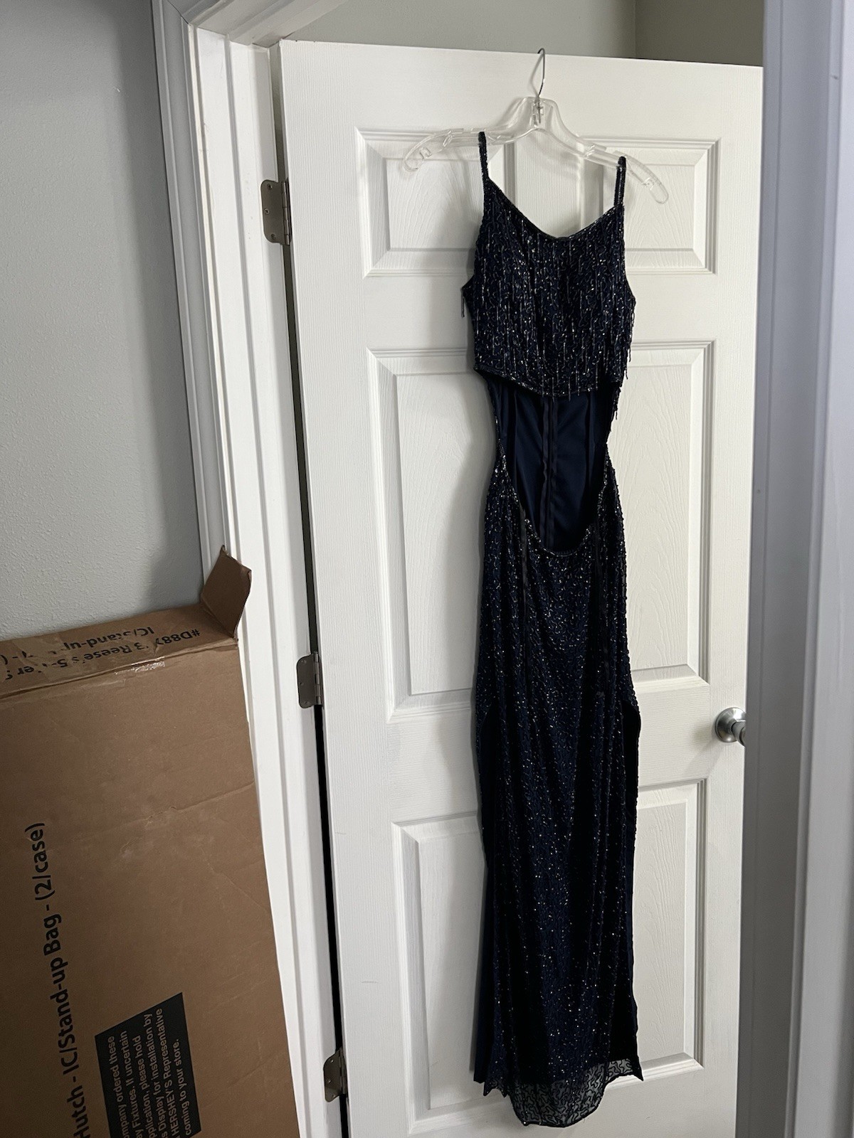 Sean X.Press Navy Beaded Long Gown Scoop Neck Sleeveless Side Slit