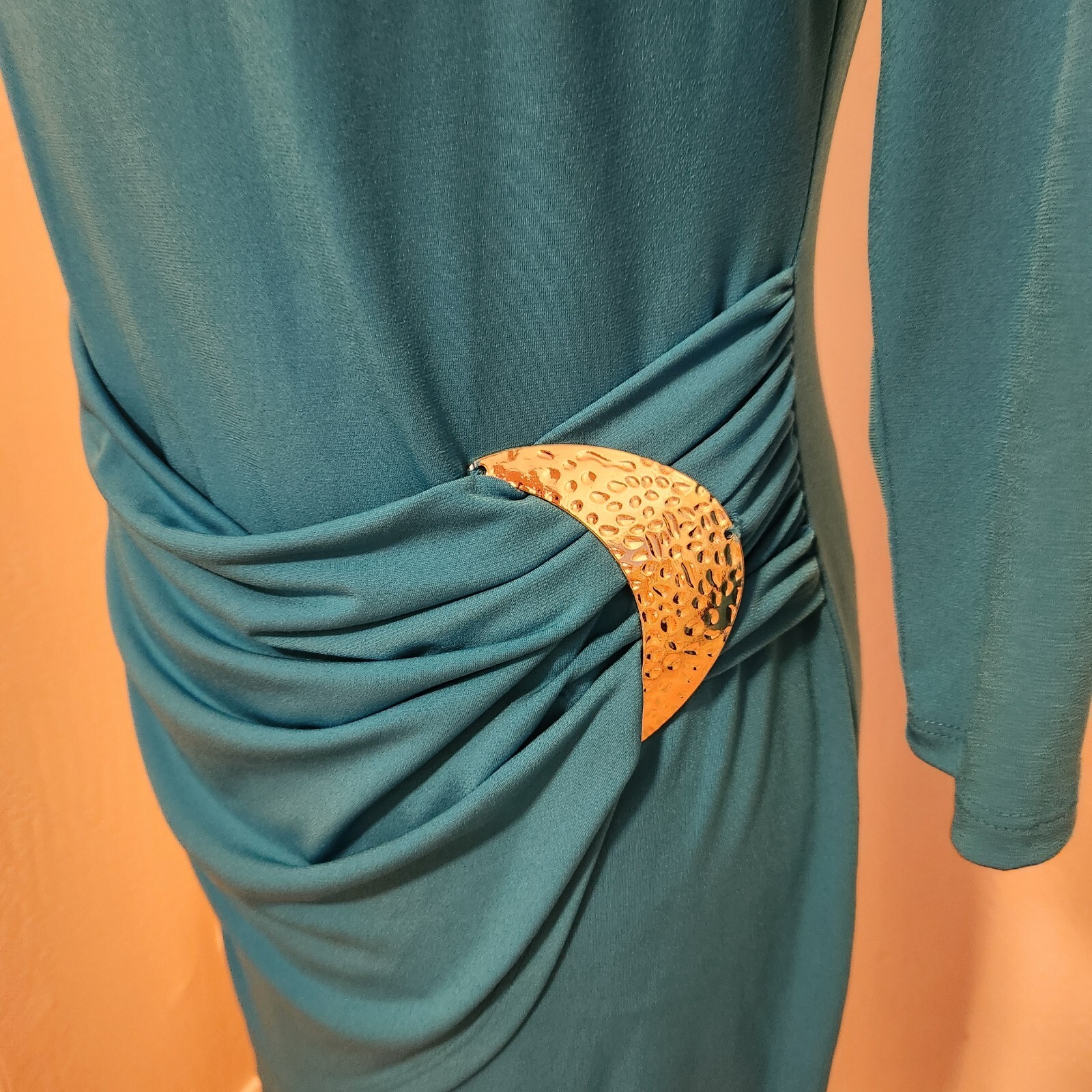 Thalia Sodi Women’s S Teal Blue 3/4 Sleeve Pleated Faux Wrap Buckle Accent Dress