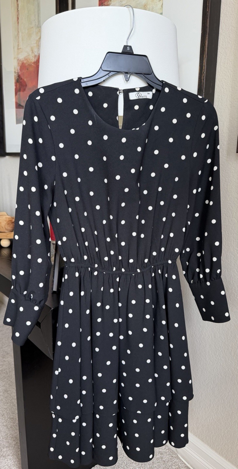 White Black & White Polka Dot A-Line Short Dress Belted Long Sleeve Size 38