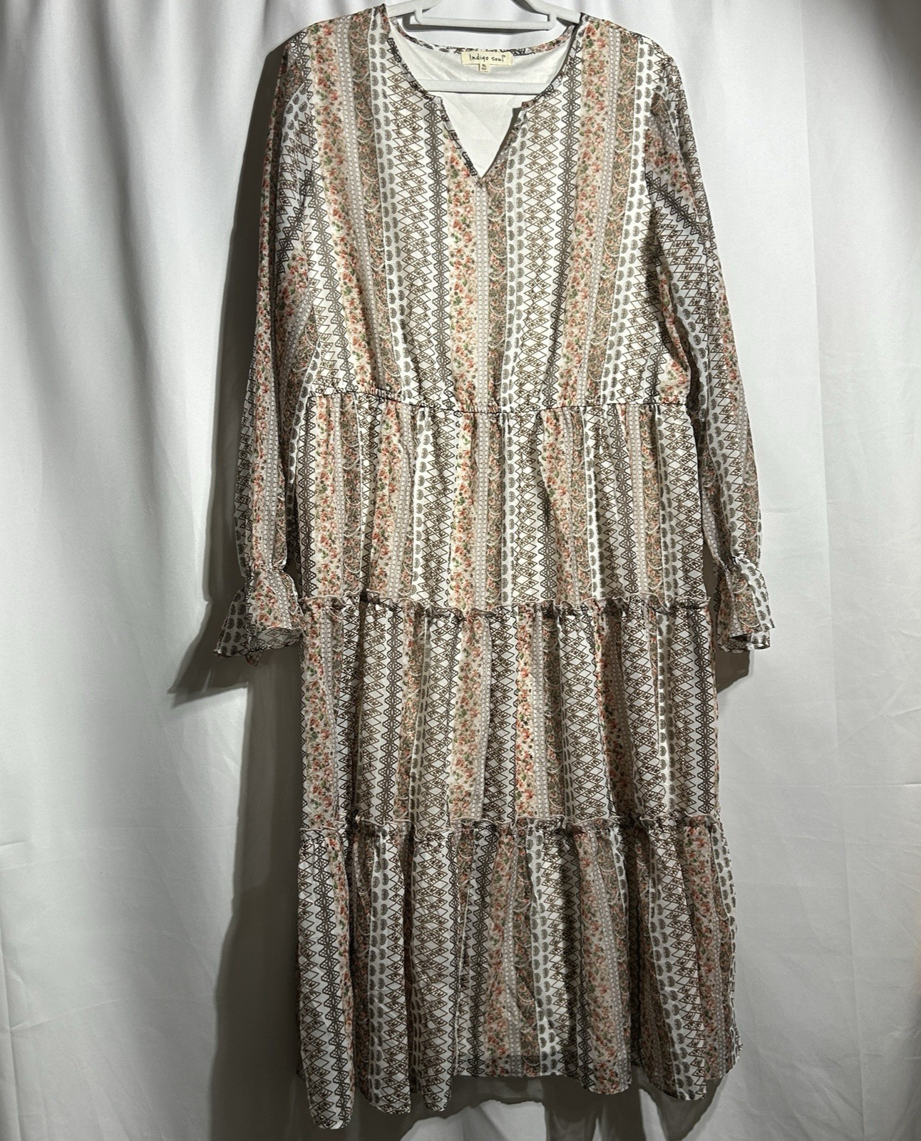 Indigo Soul Women’s XL Maxi Tiered Dress Sheer Lined Brown Pink Boho Peasant