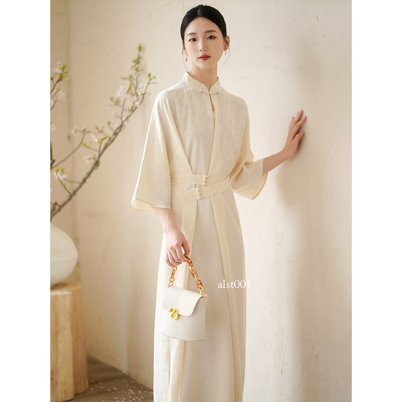 Retro Chinese Style Zen Design Womens Stand Collar 3/4 Sleeve Long Dresses Qipao