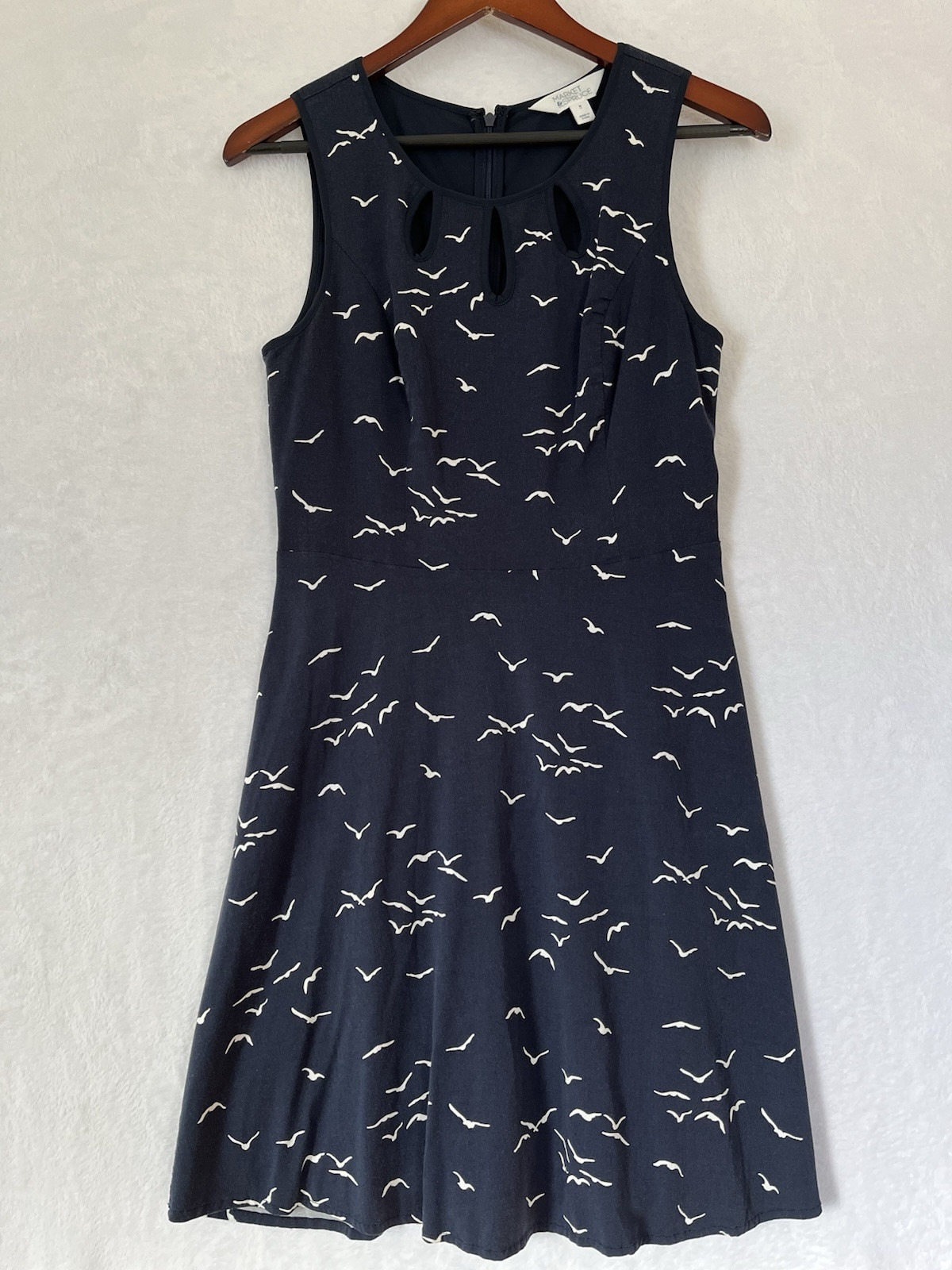 Market & Spruce Shada Navy Blue Dress Bird Print Keyhole Neck M Beach Costal