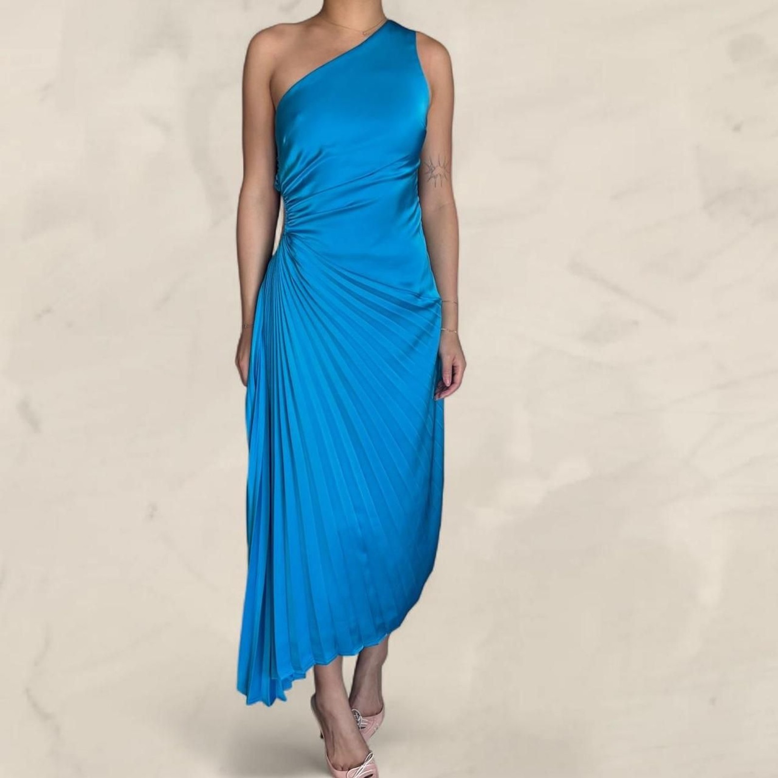 FORE blue one shoulder maxi dress pleated asymmetrical Size S