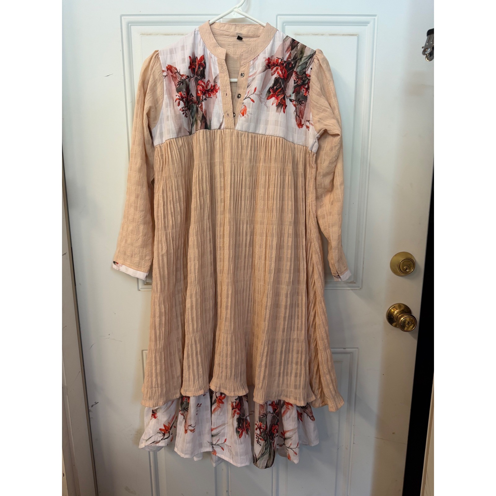 Bohemian Floral Gingham Mixed Media Tiered Midi Dress Peach Western Indie L