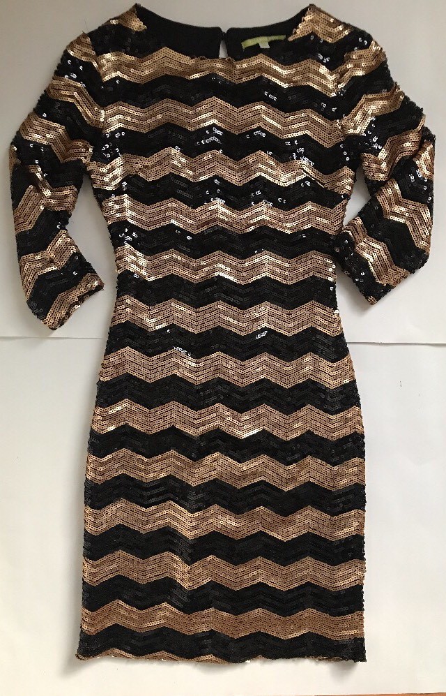 NEW GIANNI BINI Woman’s 2/3 Sleeve Sequin Short Mini Dress Black Gold sz XS