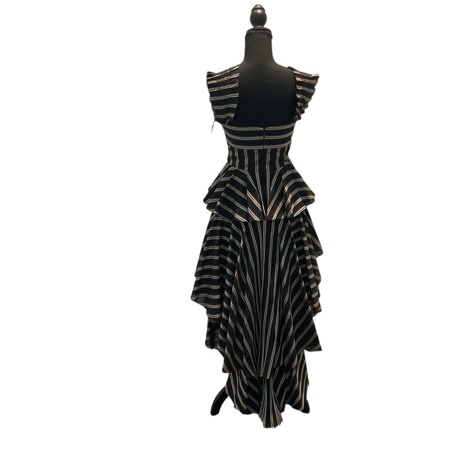 Caroline Constas Tiered High- Low Layered Dress Striped Bow Ruffle Brown Small