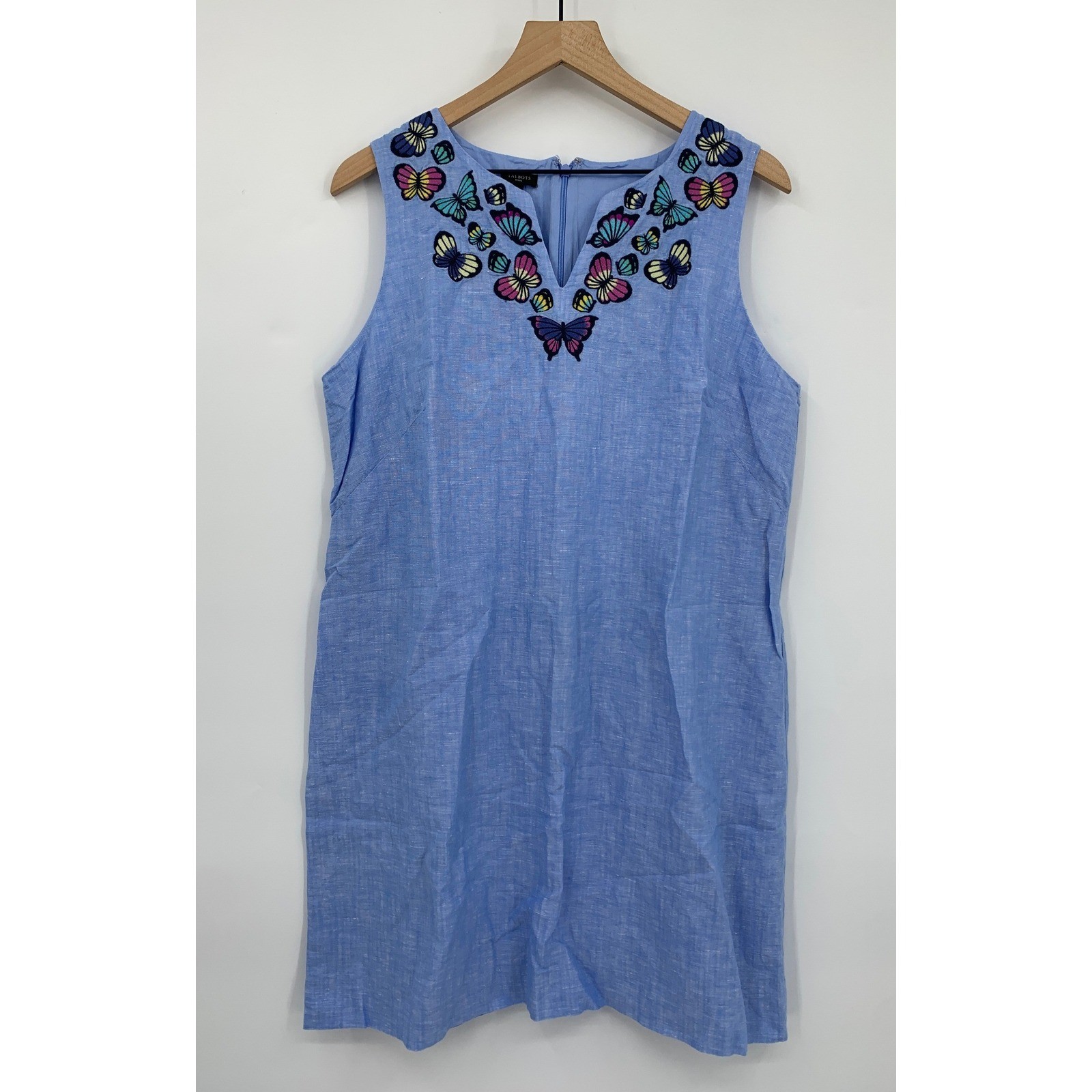 Talbots Dress 16 Petite Blue Butterfly Embroidered Linen Cotton Sleeveless