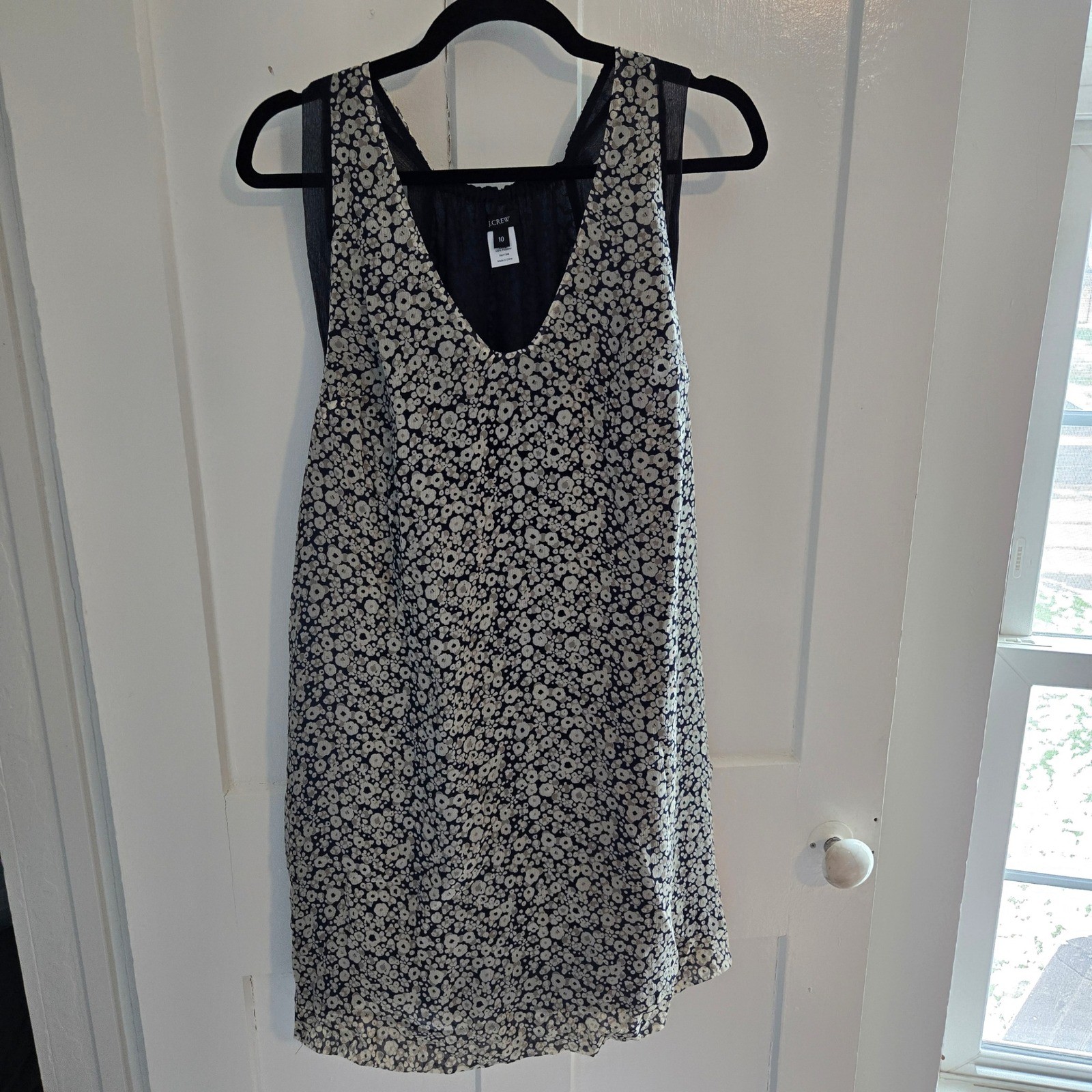 J. Crew Navy Cream Floral V-Neck Racer Back Silk Dress, Size 10, Navy Lining