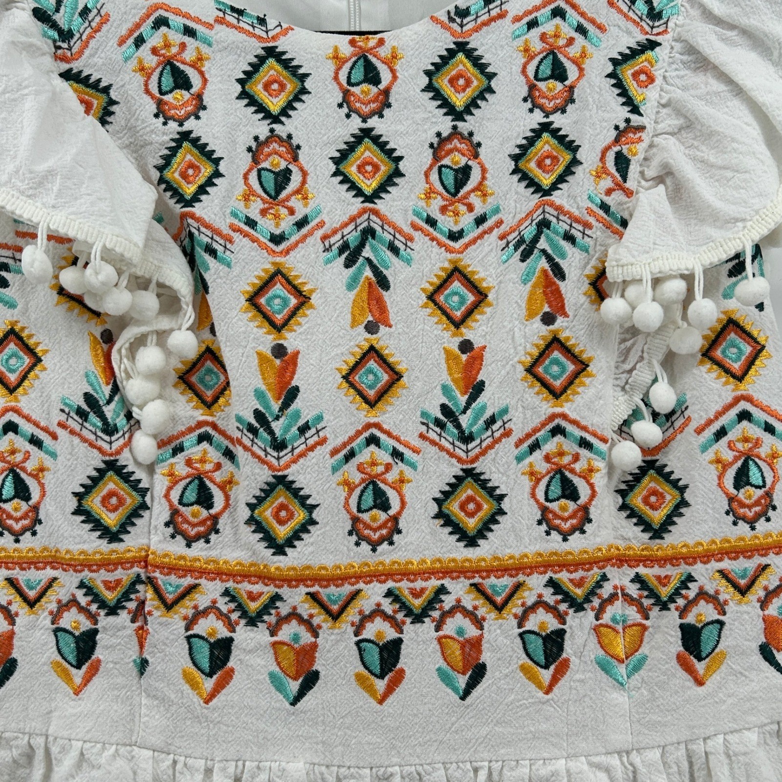 SHEIN White Colorful Embroidered Pom Pom Ruffle Mini Dress Cotton Med Boho Aztec