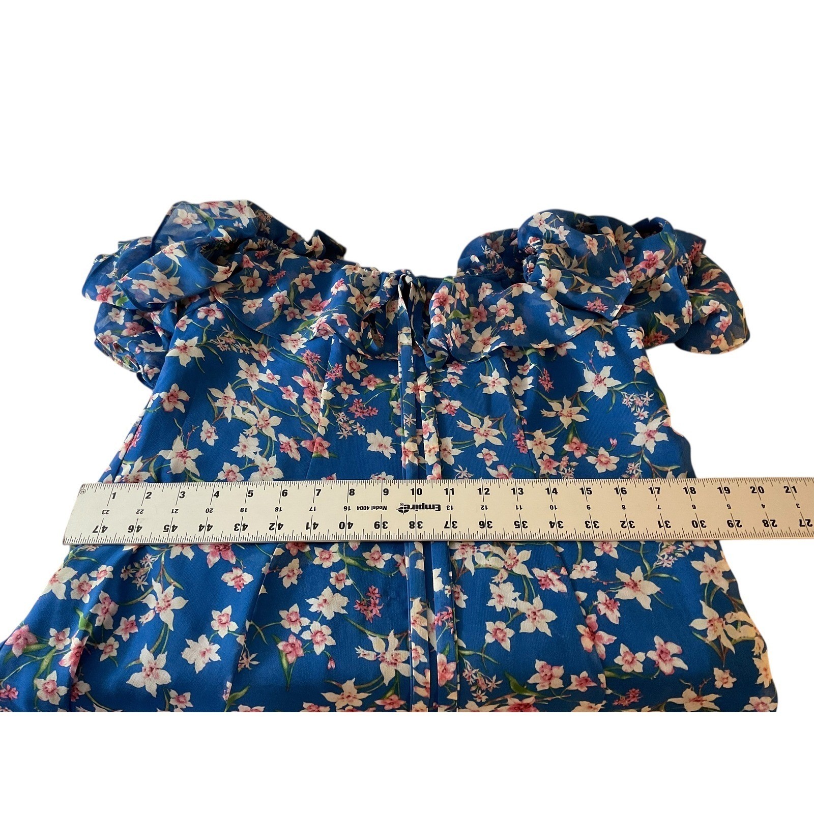 Roz & Ali Blue Floral Ruffle Sleeve Tie Neck Shift Dress Womens Size 8
