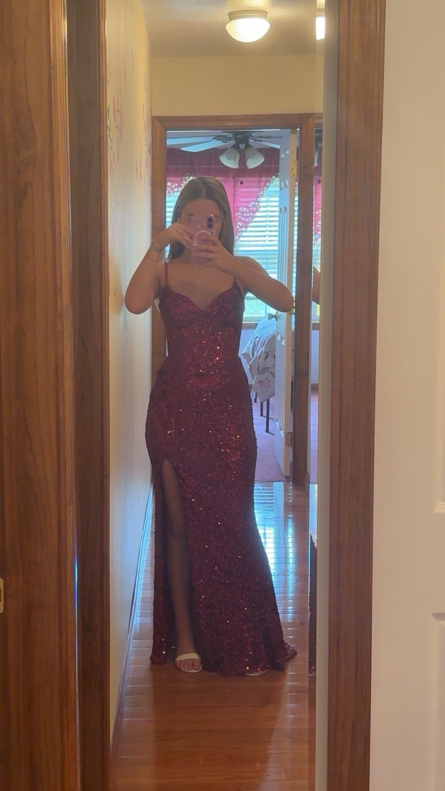 Women’s Red Sequin Sweetheart Spaghetti Strap Long Side Slit Dress Size S