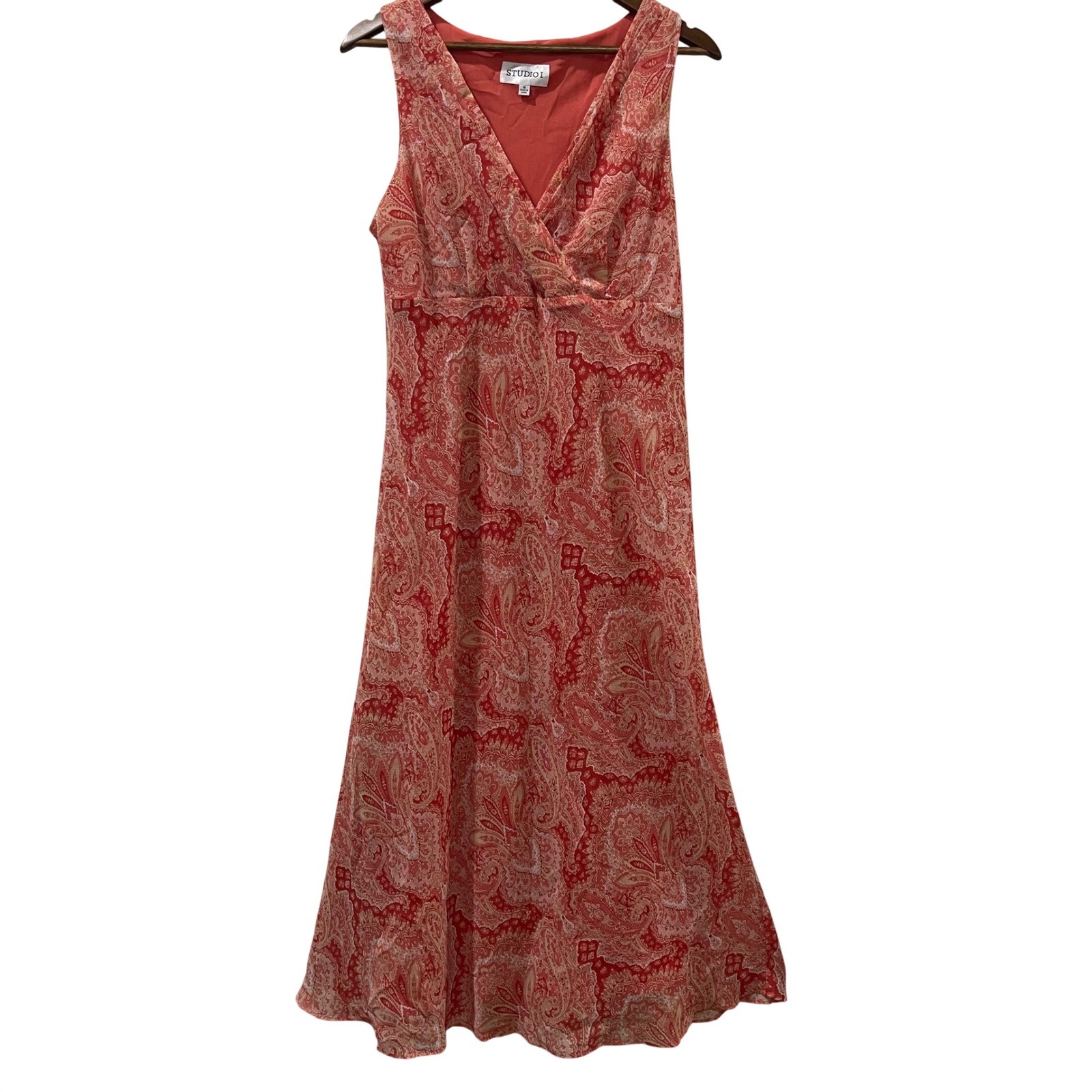 Studio I Dress Womens 16 Red Paisley Faux Wrap Sleeveless Midi Boho Whimsigoth