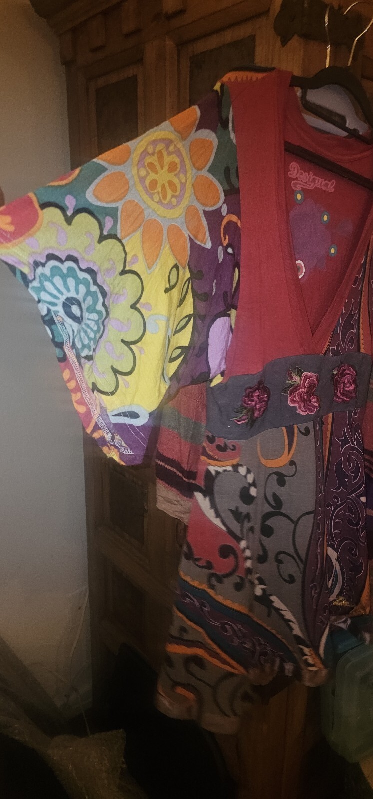 Desigual Size A-Line Plunge Batwing Vintage Gypsy Boho Hippy Midi Dress M/L
