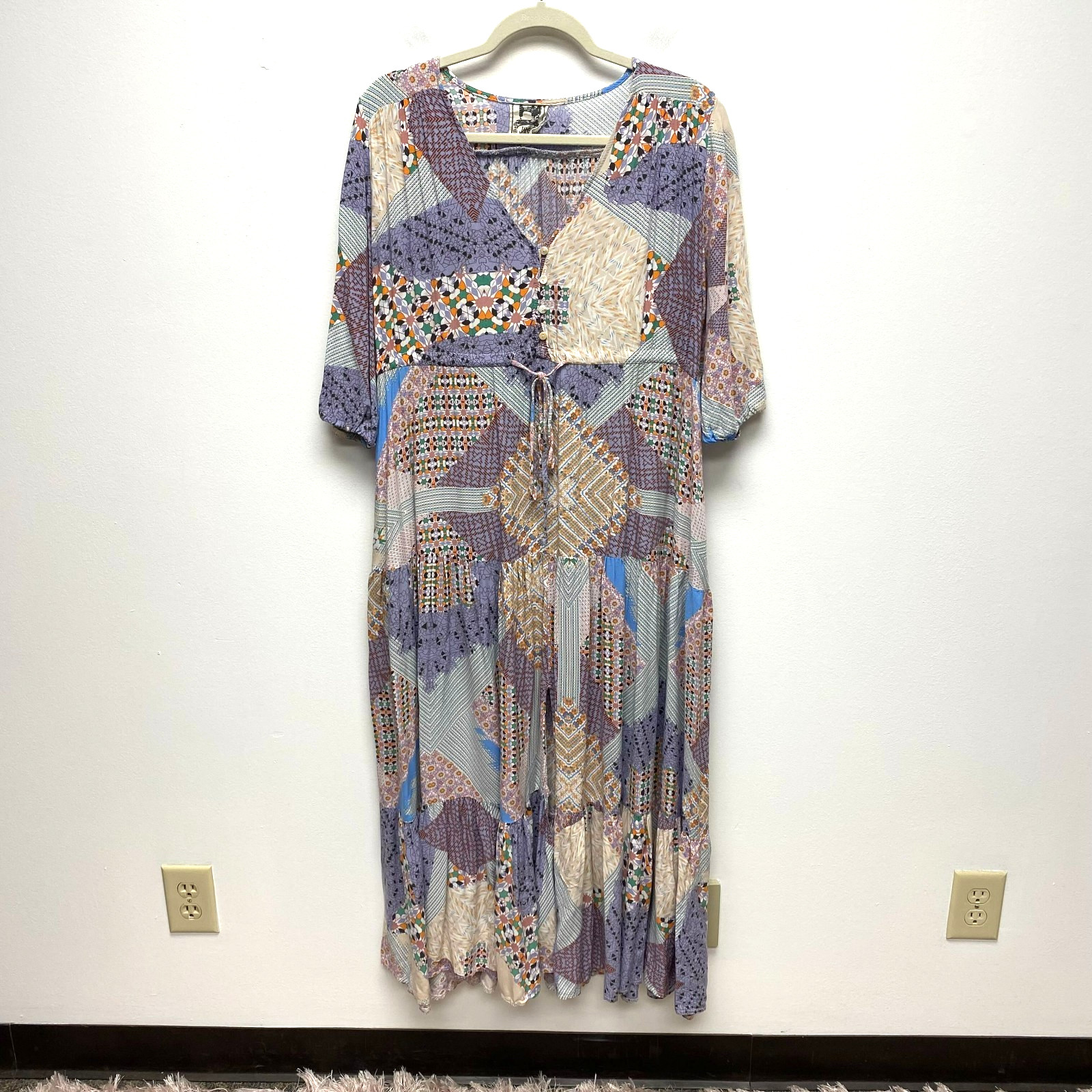 Jaase Womens Purple Beige Boho Patchwork V-Neck 3/4 Sleeve Tiered Maxi Dress XL
