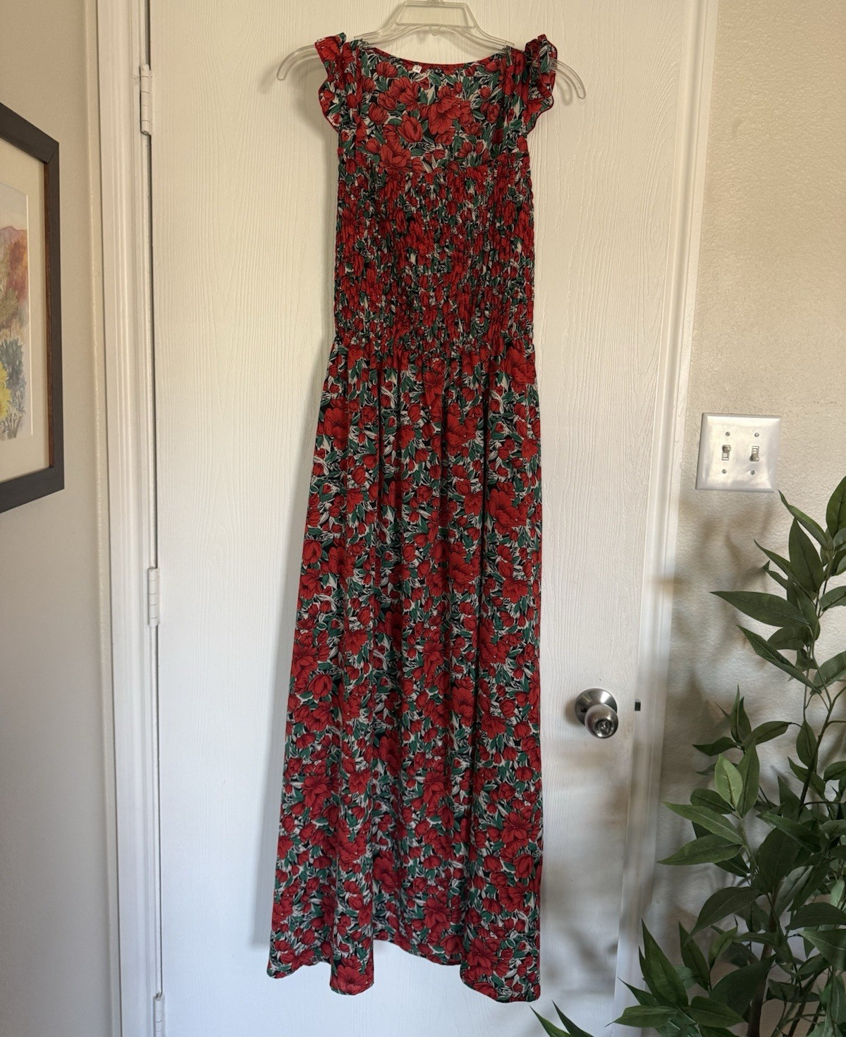 Women’s Red Floral Maxi Dress M Square Neck Smocked Ruffle Cap Sleeve Long
