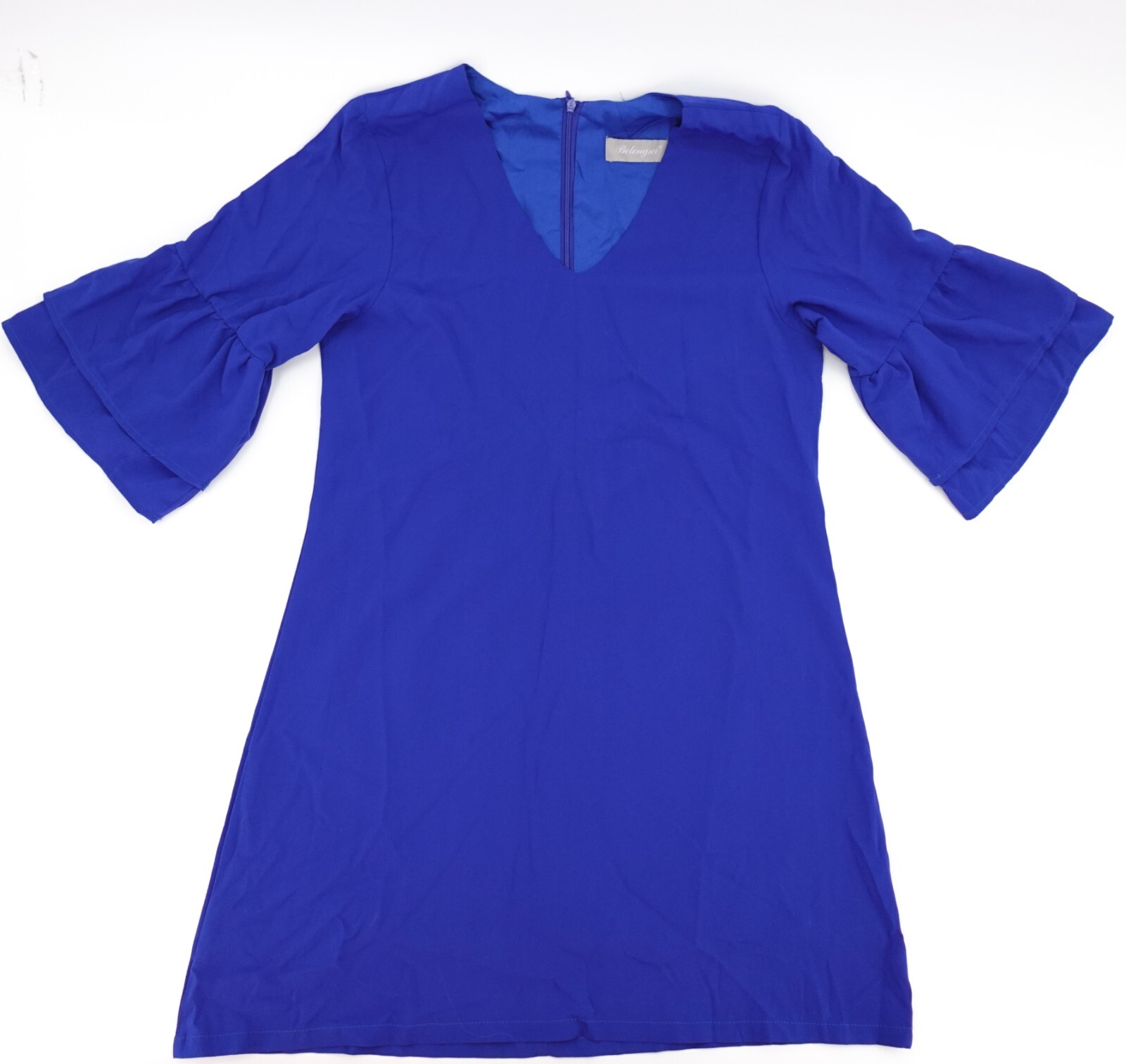 Belongsci Dress Womens Small BLue Zip Flare Sleeve Shift Dress V-Neck LIned
