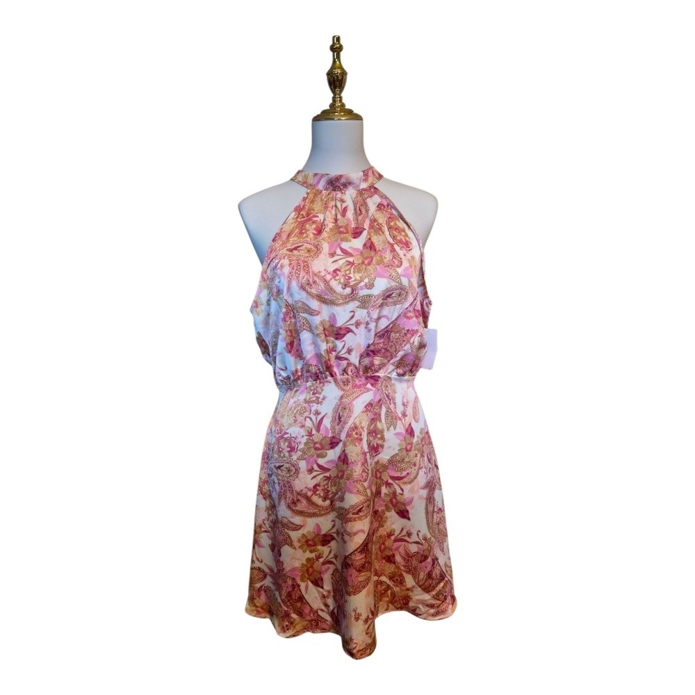 Lush Cream Paisley Halter Dress Open Back Tie Neck Women’s M NWT Preppy Hippie