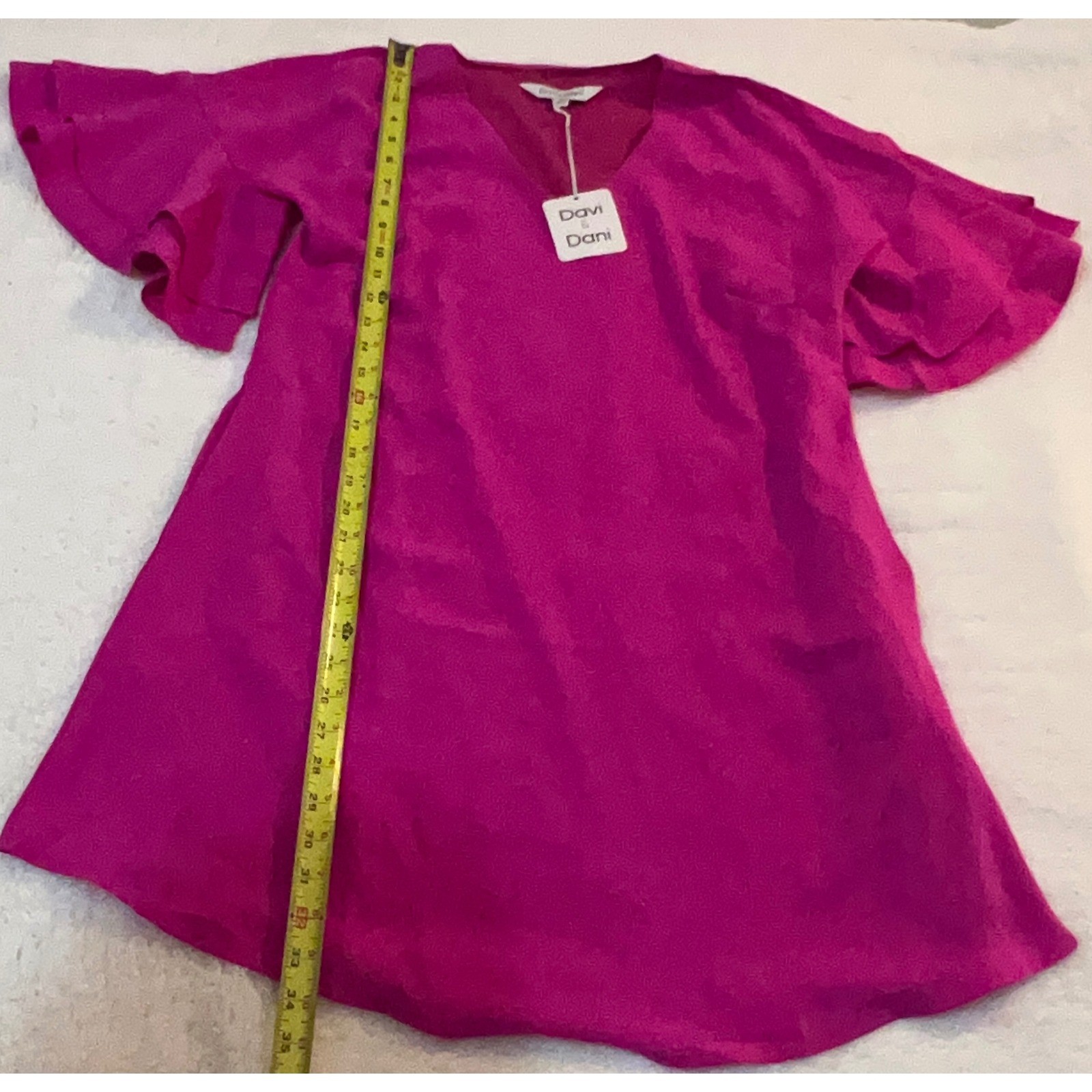 Davi & Dani Magenta Pink Satin V-Neck Ruffle Bell Sleeve Mini Dress Small NWT