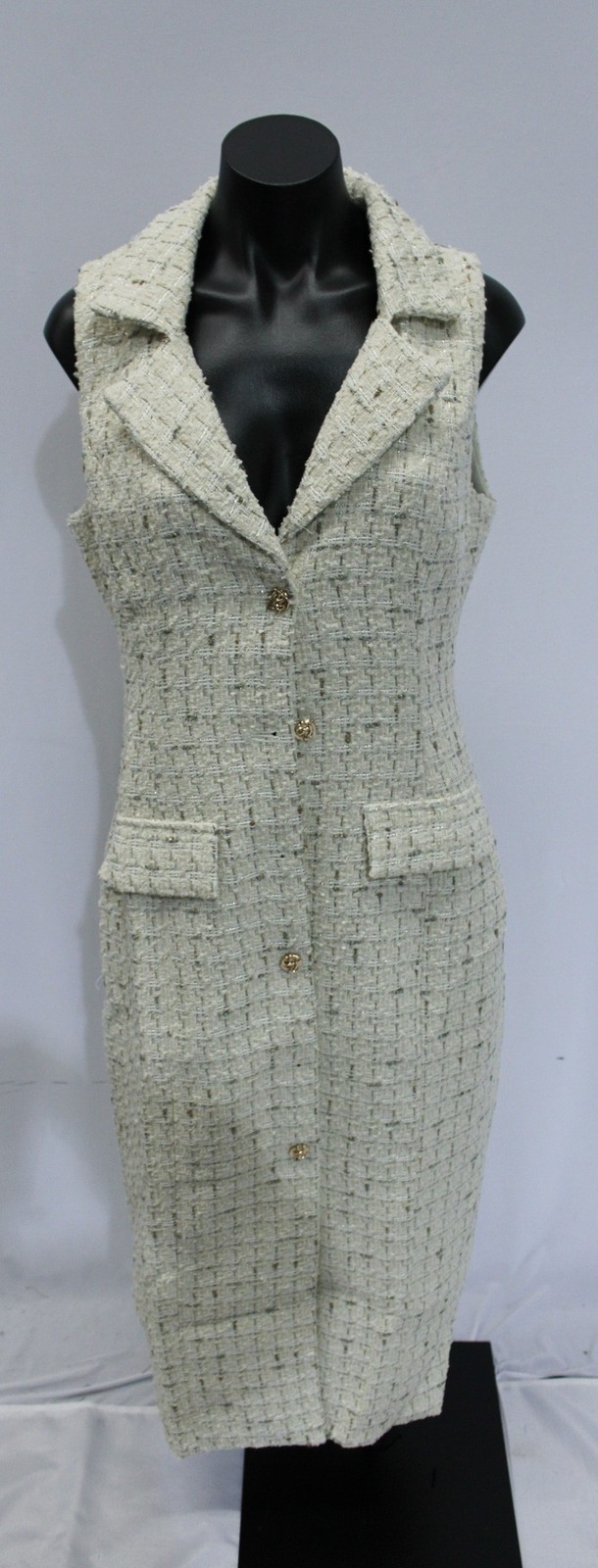 Mable Women’s Tweed Sleeveless Button Down Midi Sheath Dress LB3 Cream Medium