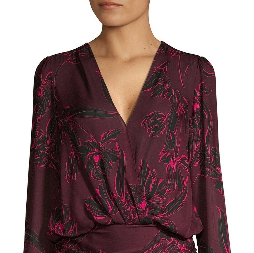 A.L.C. Floral Long sleeve V-Neck Ruched Silk Mini Dress, Size 0 ($595)
