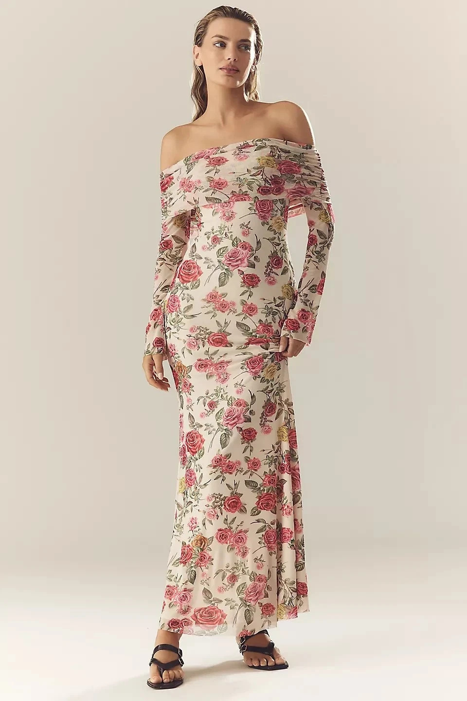 Anthropologie AFRM Off-The-Shoulder Maxi Dress Pink Roses Body-Con NWT