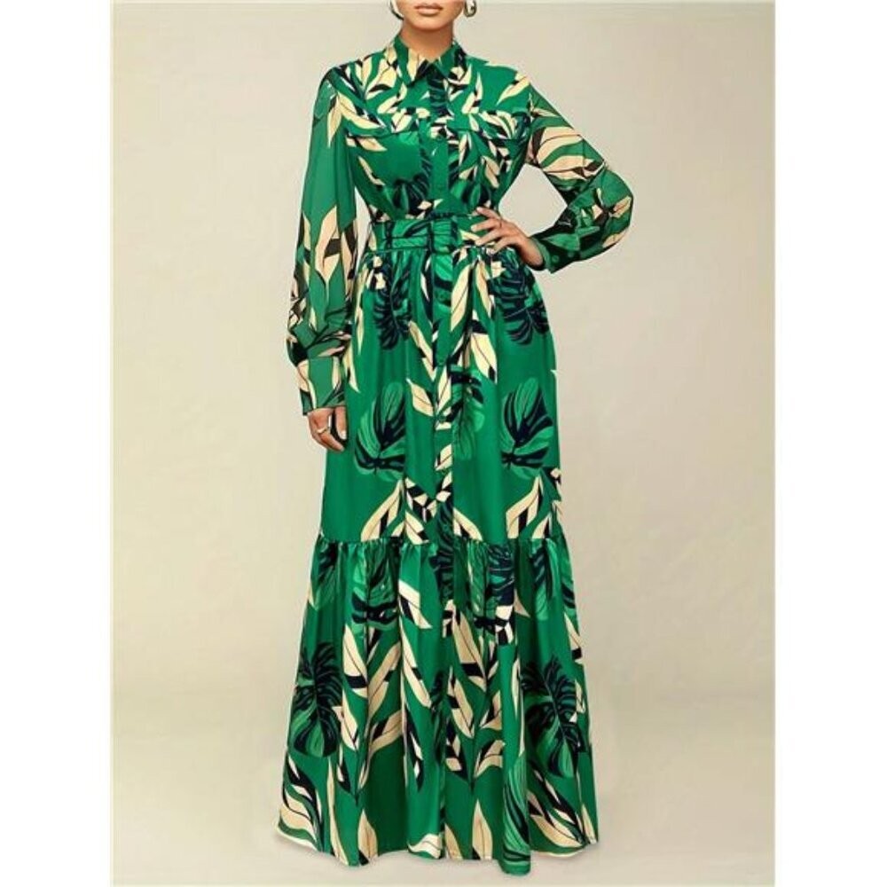 NEW – Elegant Leaf Print Belted Long Sleeve Dress, Size L