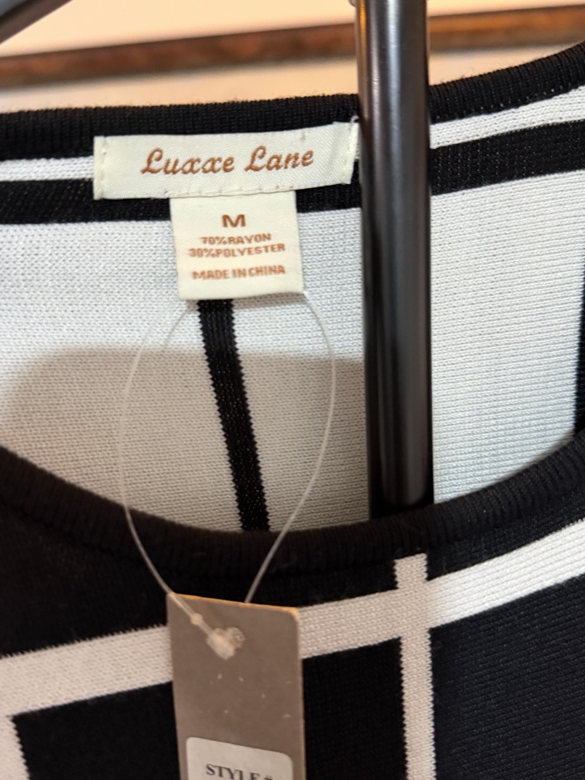 Luxace Lane Black/White Check Round Neck Knit A-Line Knee Dress Long Sleeve M