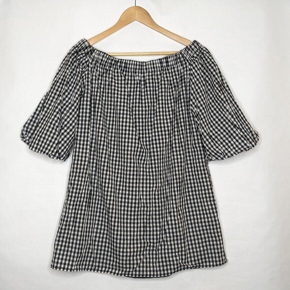 SOPRANO GINGHAM DRESS SMALL OFF SHOULDER BLACK WHITE TRAPEZE PUFF SLEEVES Spring
